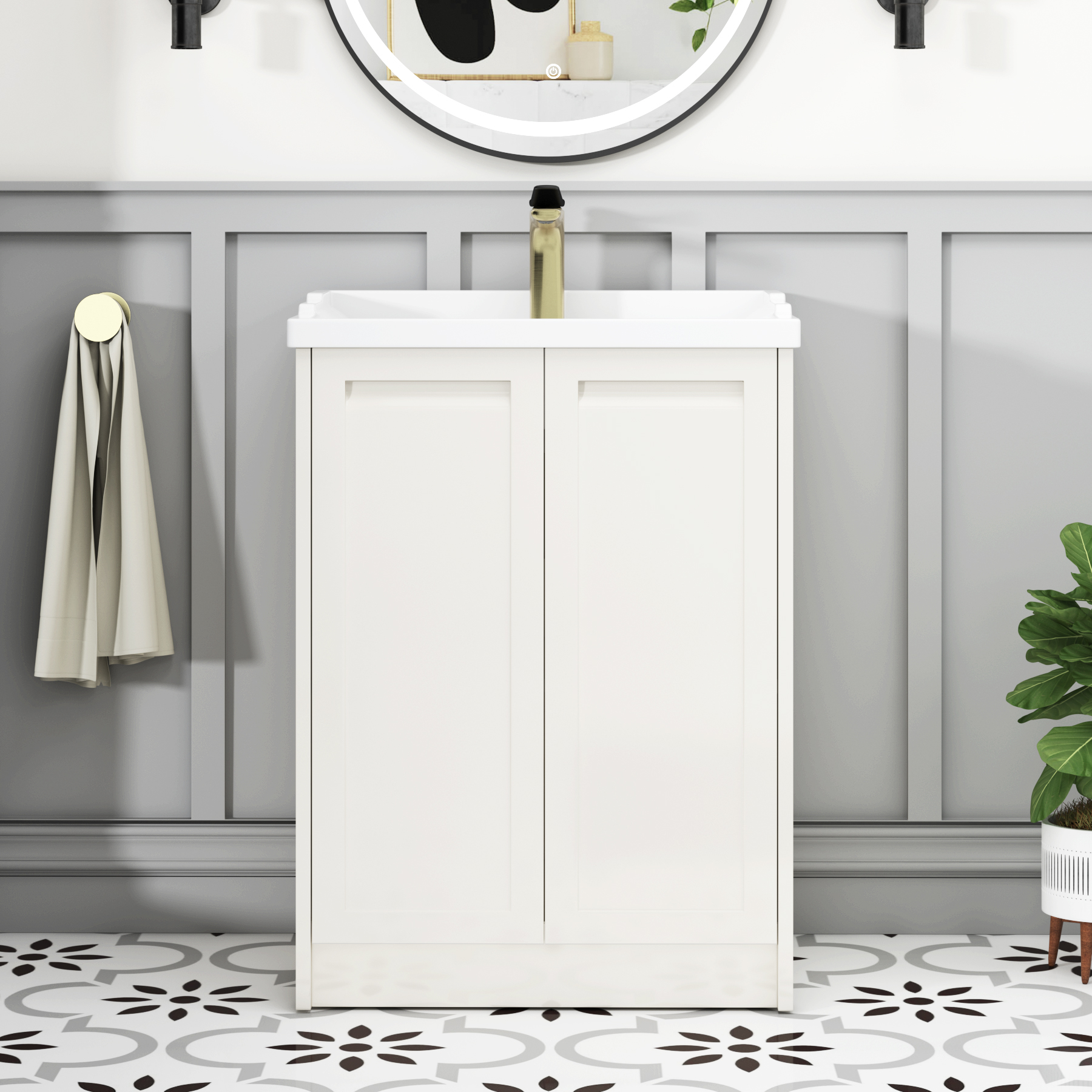Elmore Traditional 2 Door Floor Standing Vanity Unit Classic White with Ceramic Basin