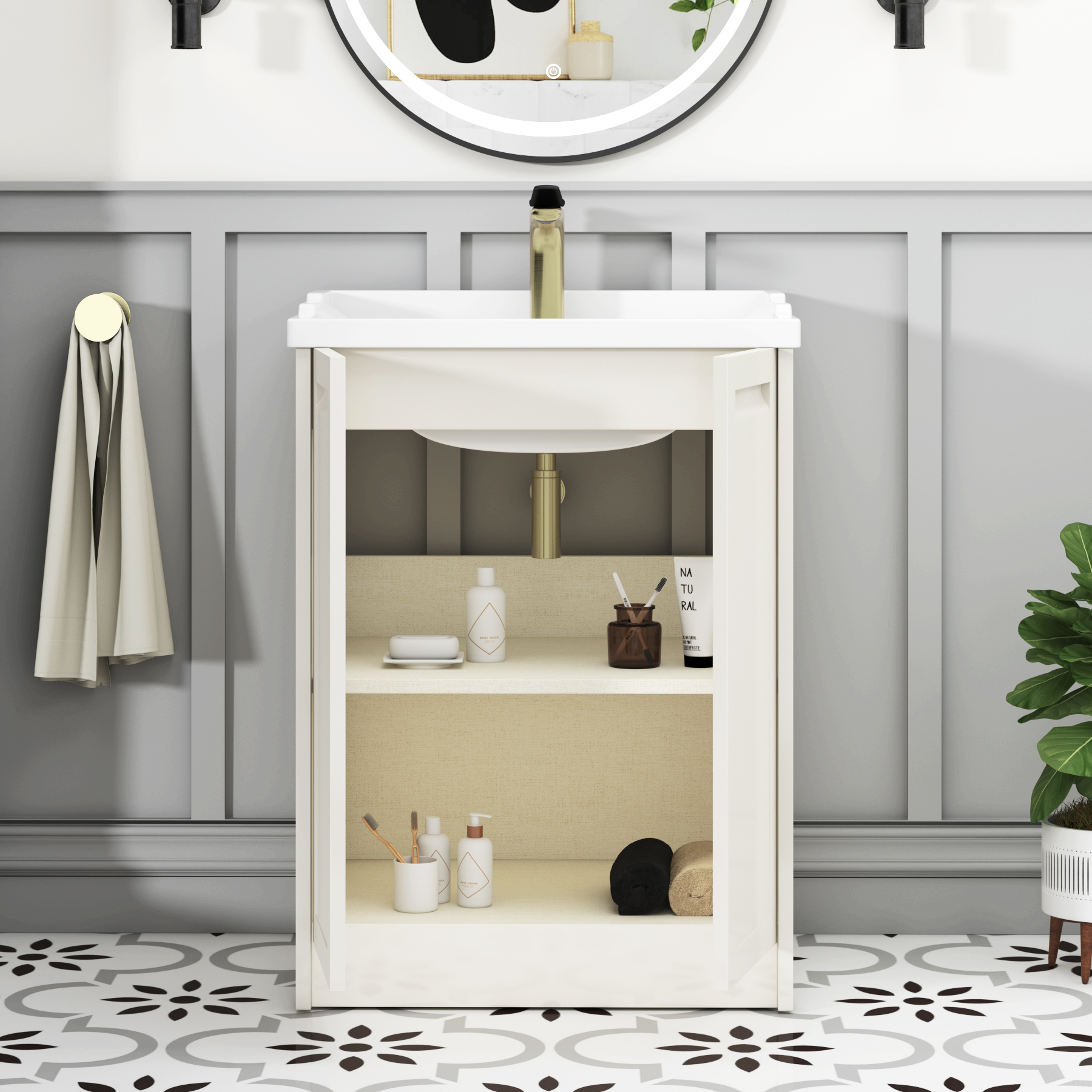 Elmore Traditional 2 Door Floor Standing Vanity Unit Classic White with Ceramic Basin
