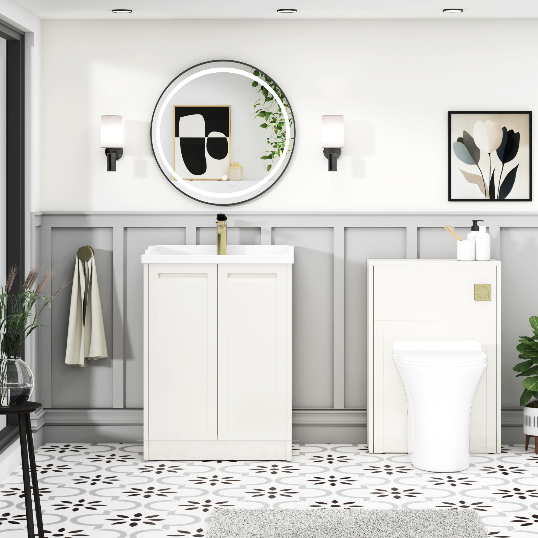 Elmore Traditional 2 Door Floor Standing Vanity Unit Classic White with Ceramic Basin