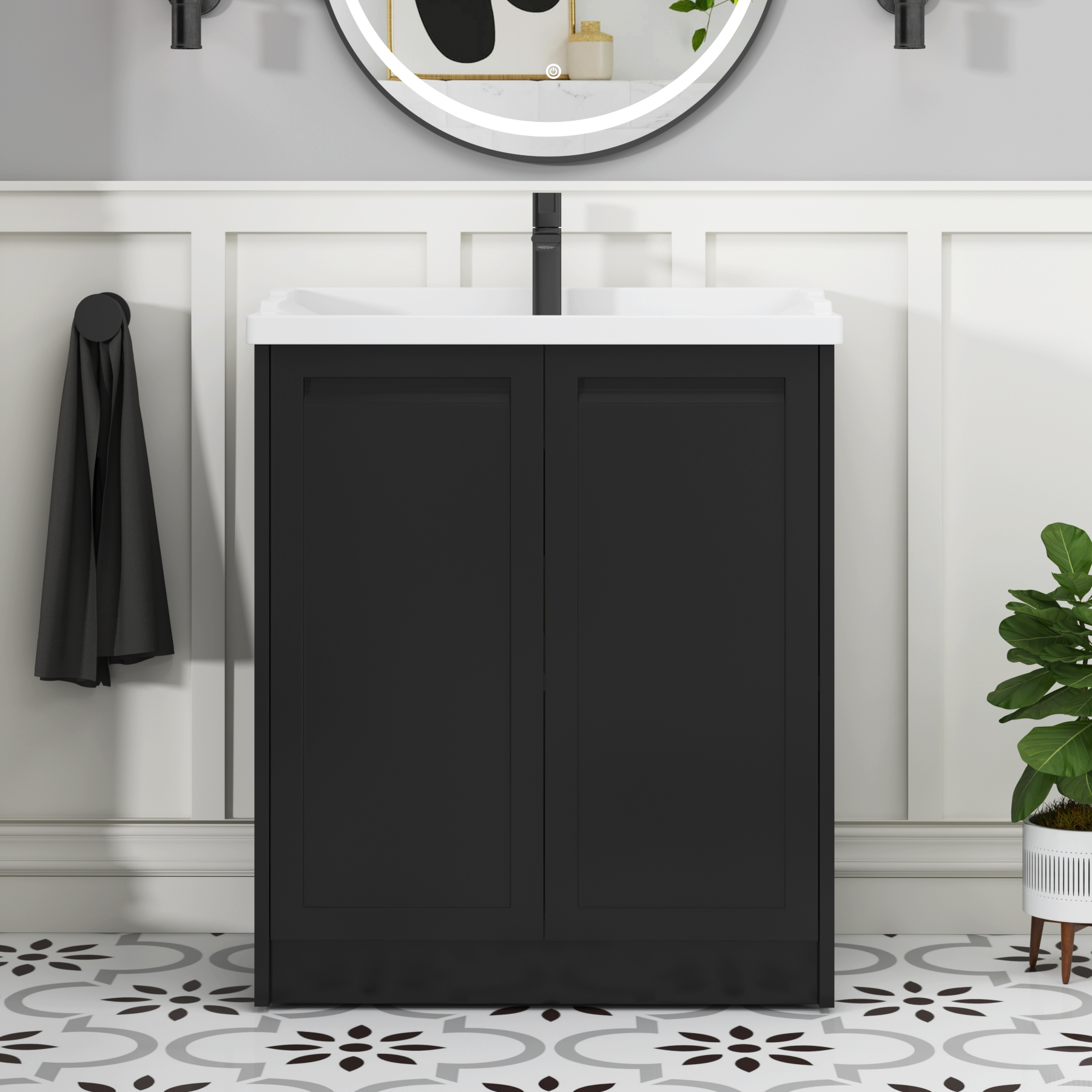 Elmore Traditional 2 Door Floor Standing Vanity Unit Matt Nocturne Black with Ceramic Basin