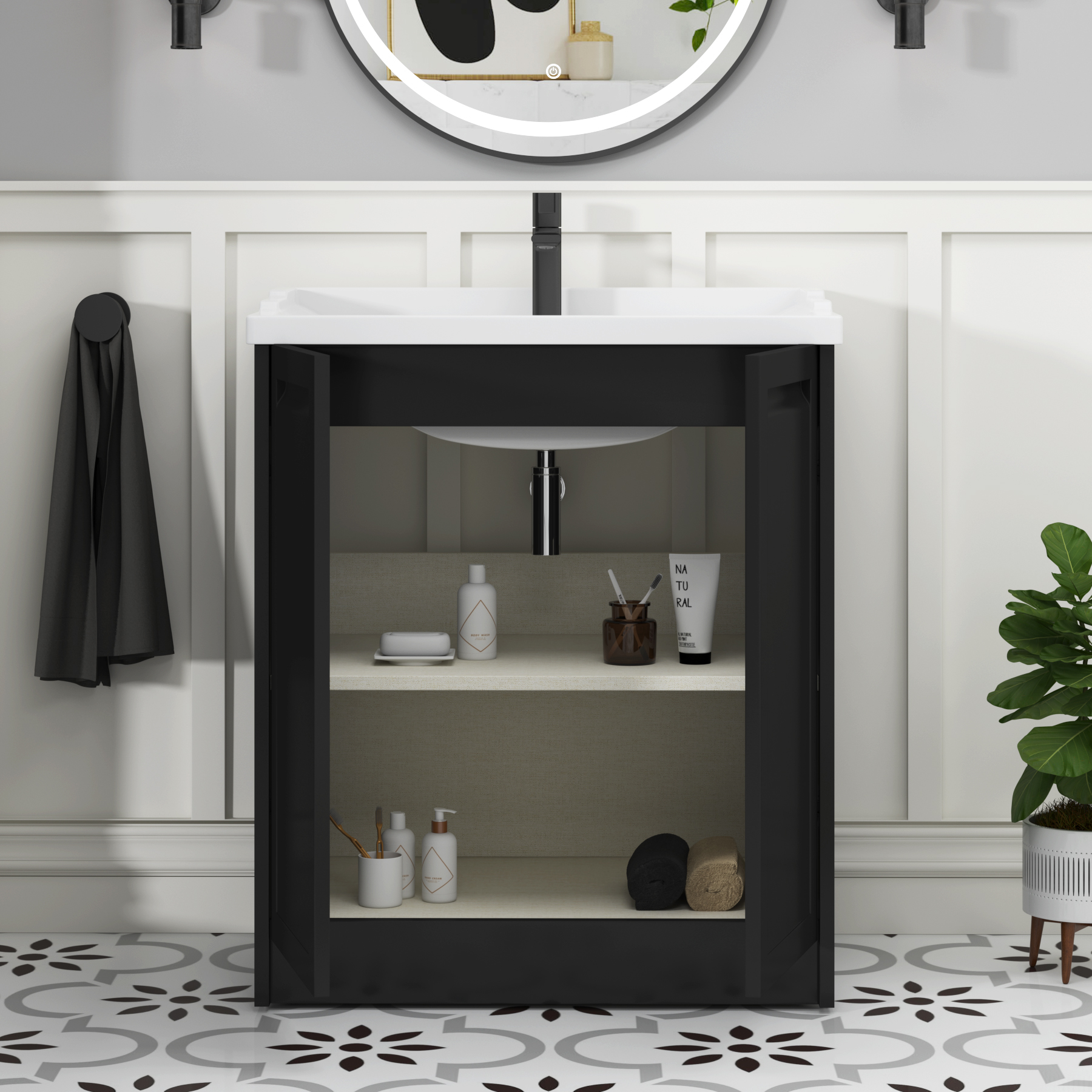 Elmore Traditional 2 Door Floor Standing Vanity Unit Matt Nocturne Black with Ceramic Basin