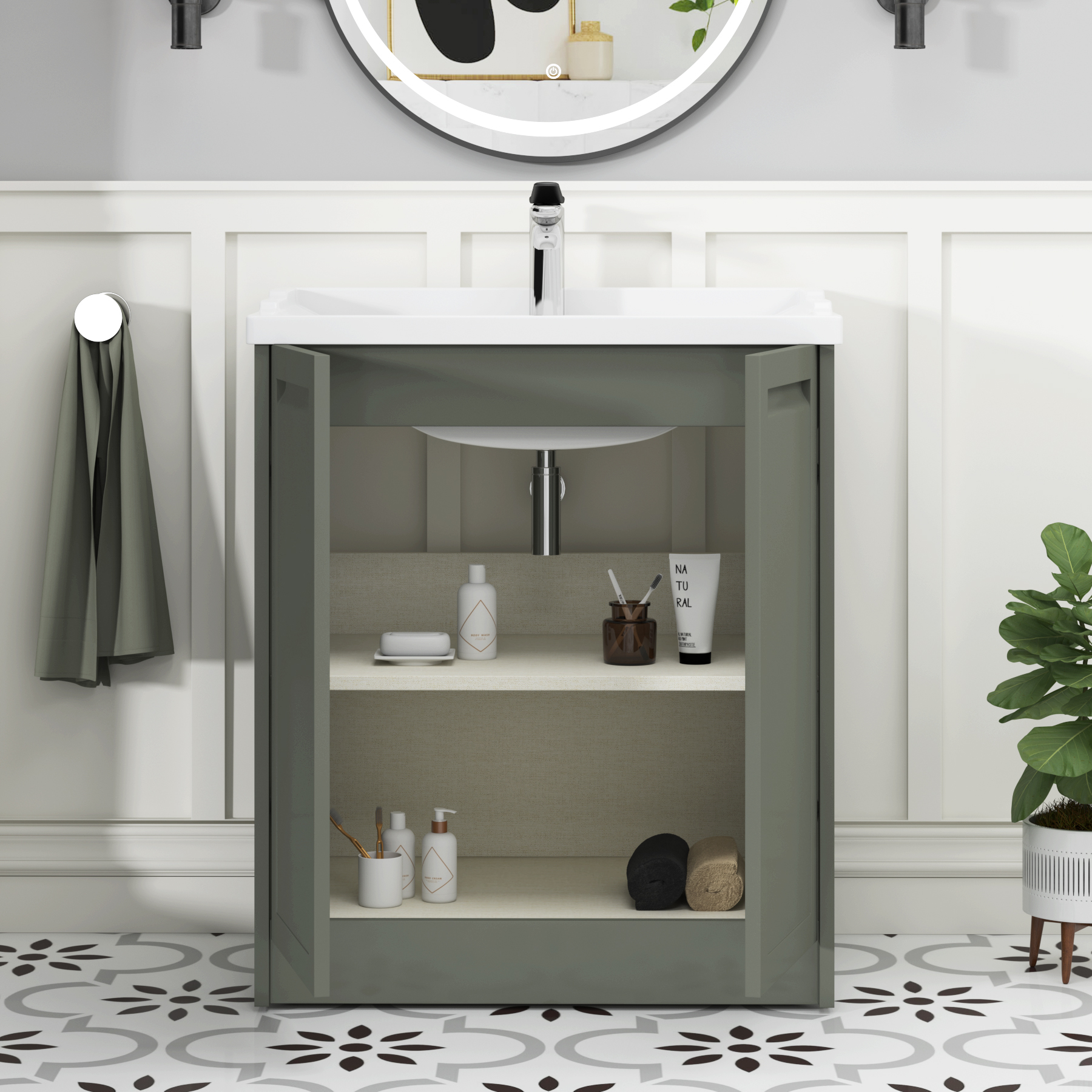 Elmore Traditional 2 Door Floor Standing Vanity Unit Matt Green with Ceramic Basin