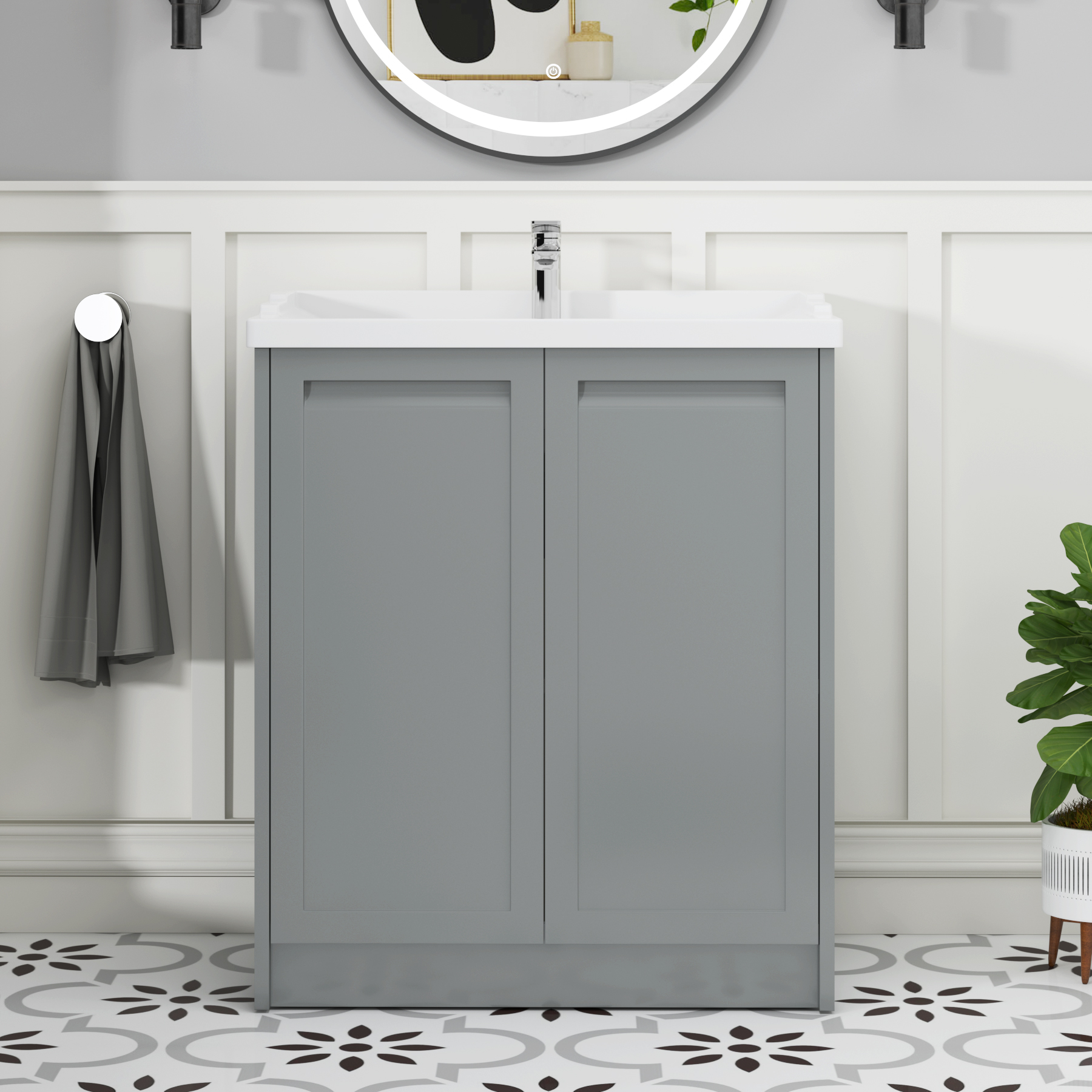 Elmore Traditional 2 Door Floor Standing Vanity Unit Matt Pebble Grey with Ceramic Basin