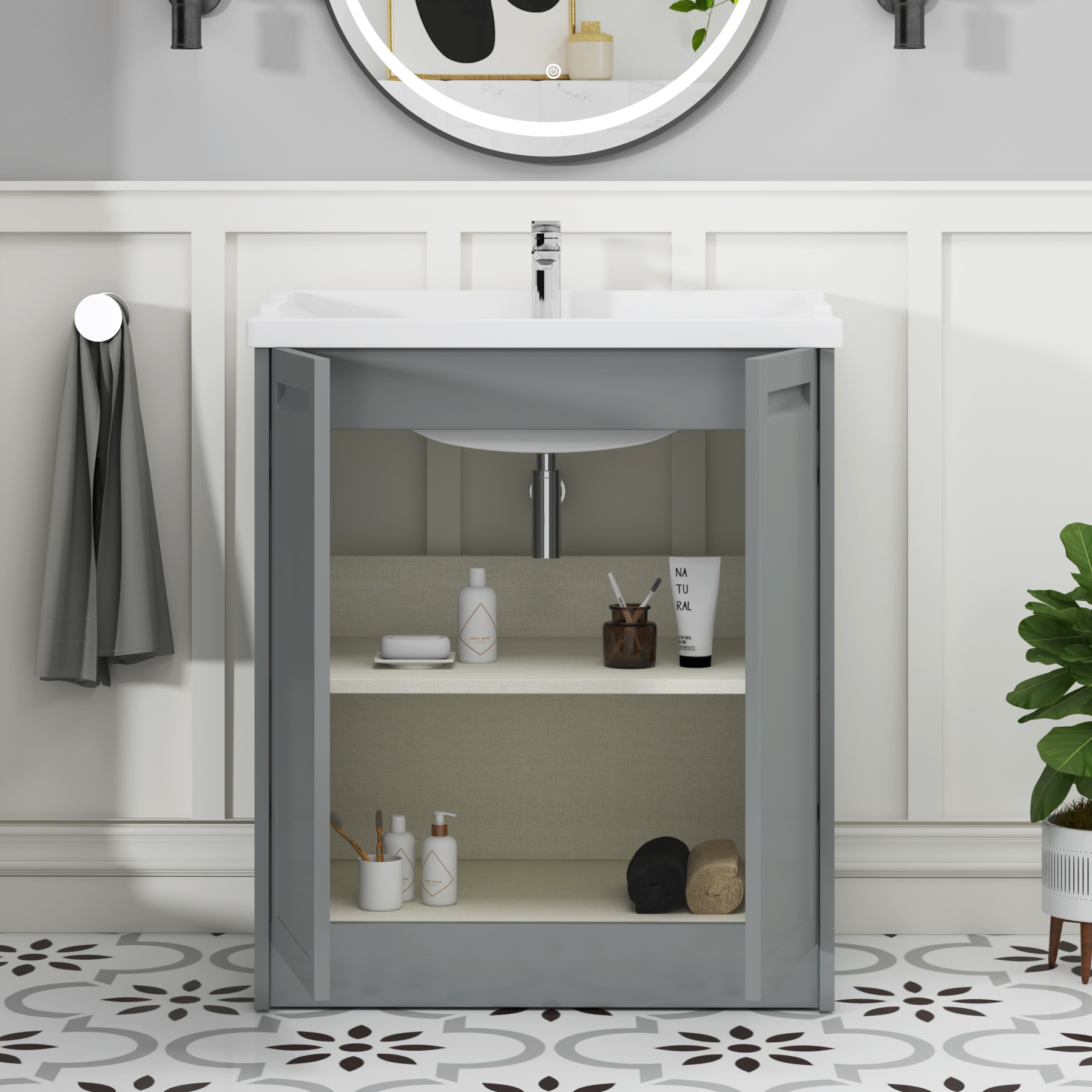 Elmore Traditional 2 Door Floor Standing Vanity Unit Matt Pebble Grey with Ceramic Basin
