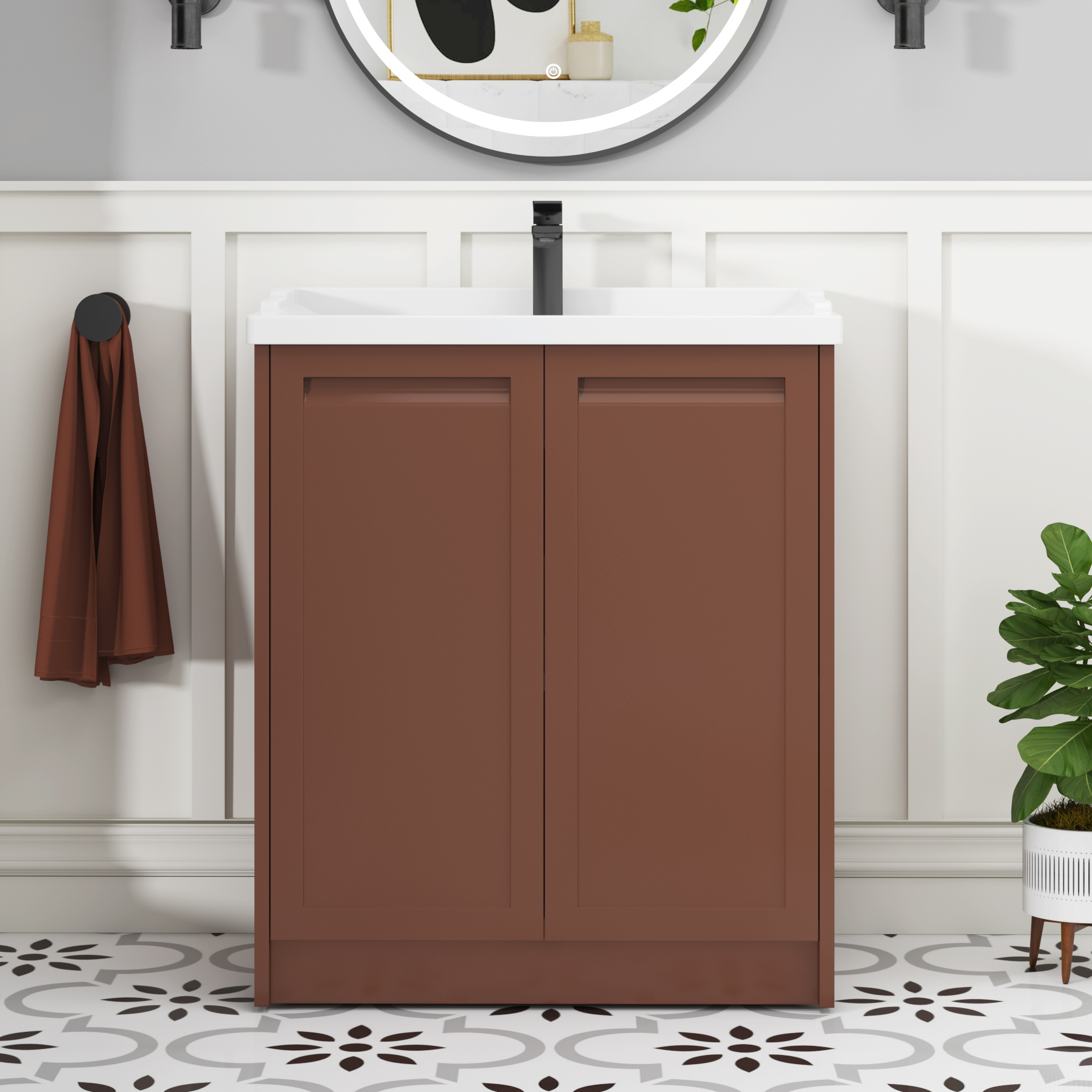 Elmore Traditional 2 Door Floor Standing Vanity Unit Terracotta Clay with Ceramic Basin