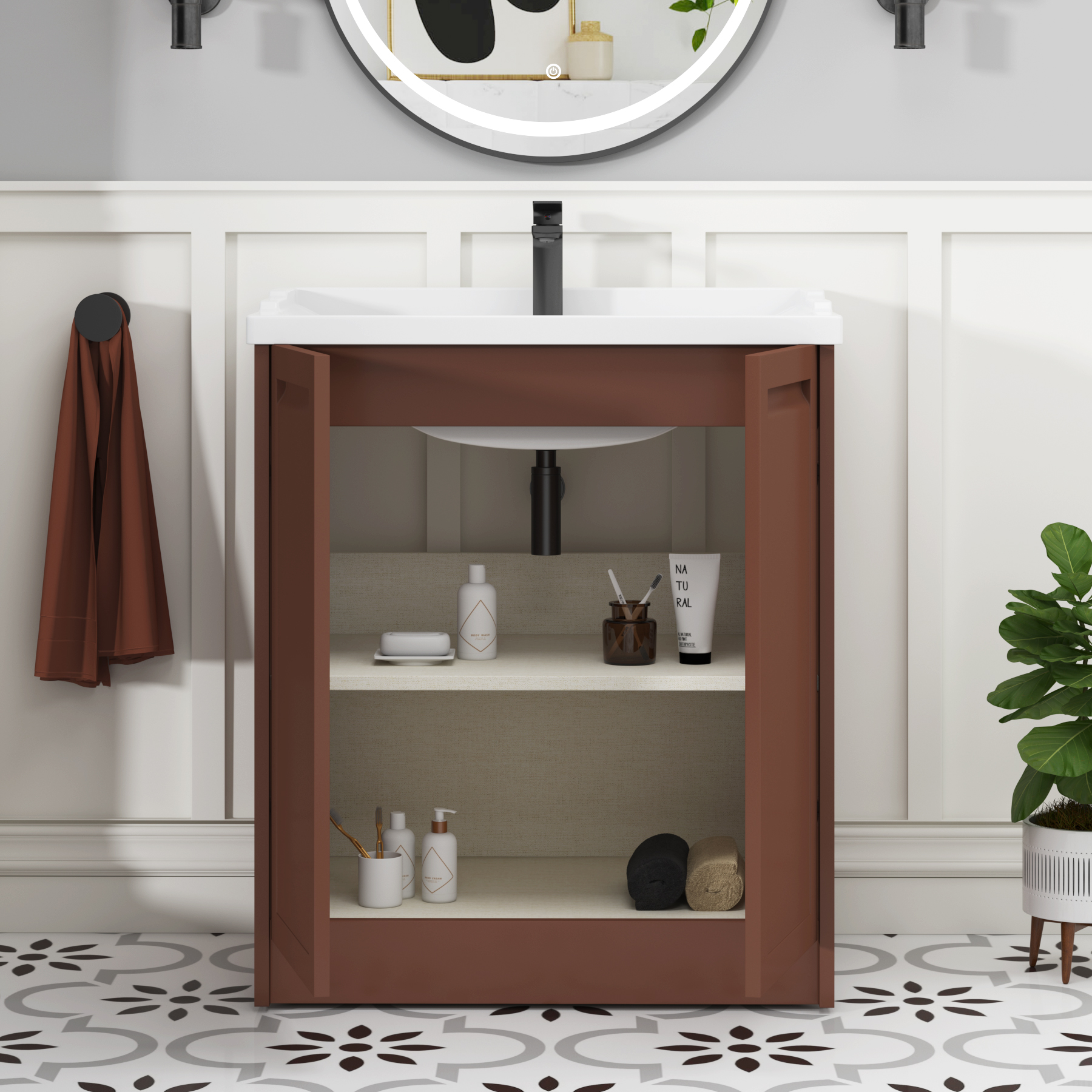 Elmore Traditional 2 Door Floor Standing Vanity Unit Terracotta Clay with Ceramic Basin