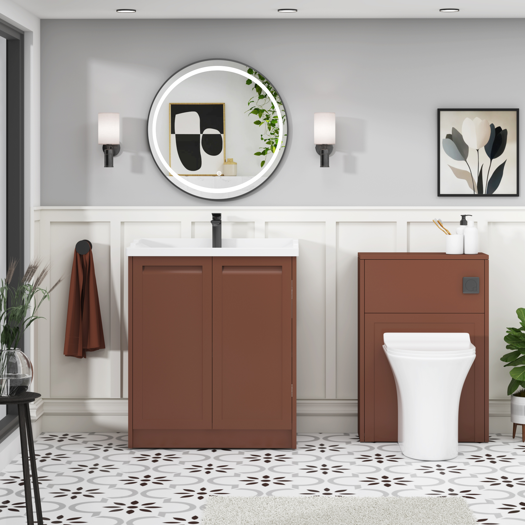 Elmore Traditional 2 Door Floor Standing Vanity Unit Terracotta Clay with Ceramic Basin