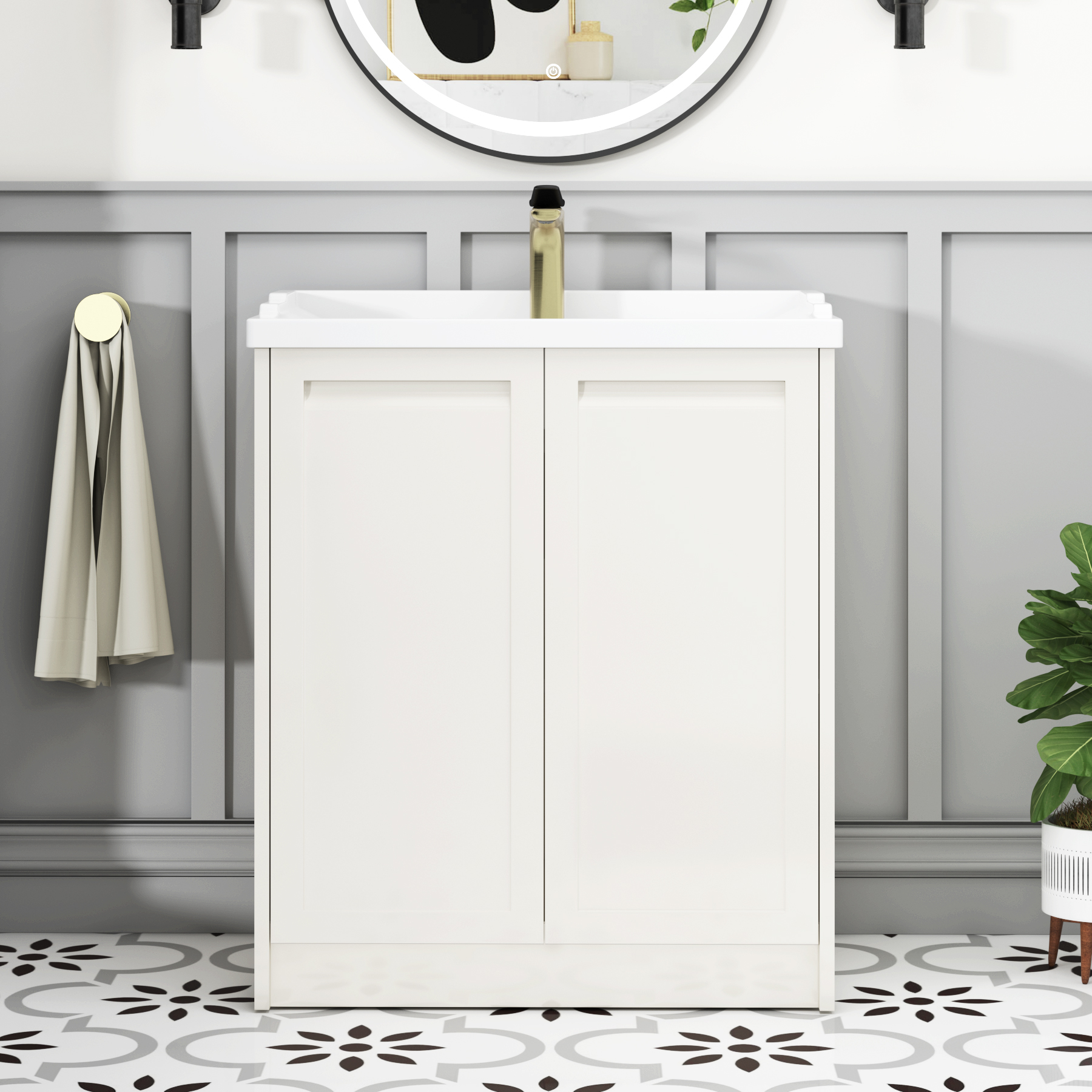 Elmore Traditional 2 Door Floor Standing Vanity Unit Classic White with Ceramic Basin