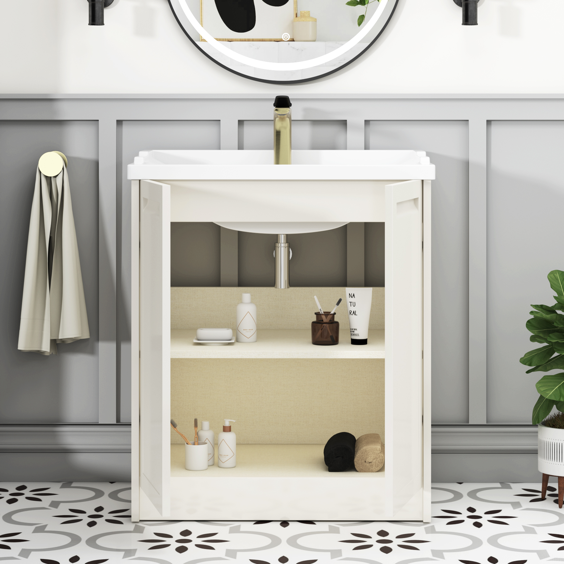 Elmore Traditional 2 Door Floor Standing Vanity Unit Classic White with Ceramic Basin