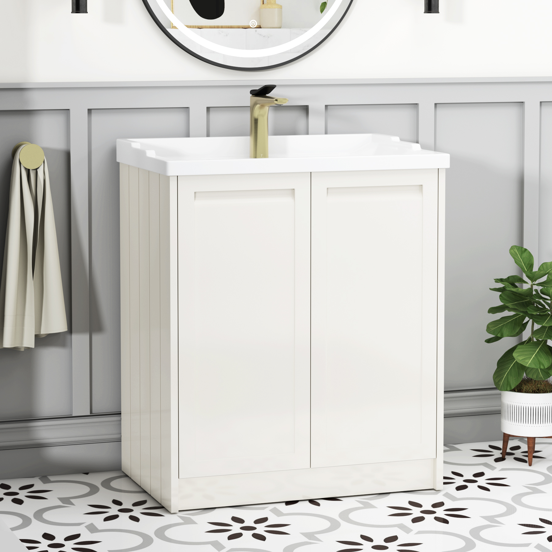 Elmore Traditional 2 Door Floor Standing Vanity Unit Classic White with Ceramic Basin
