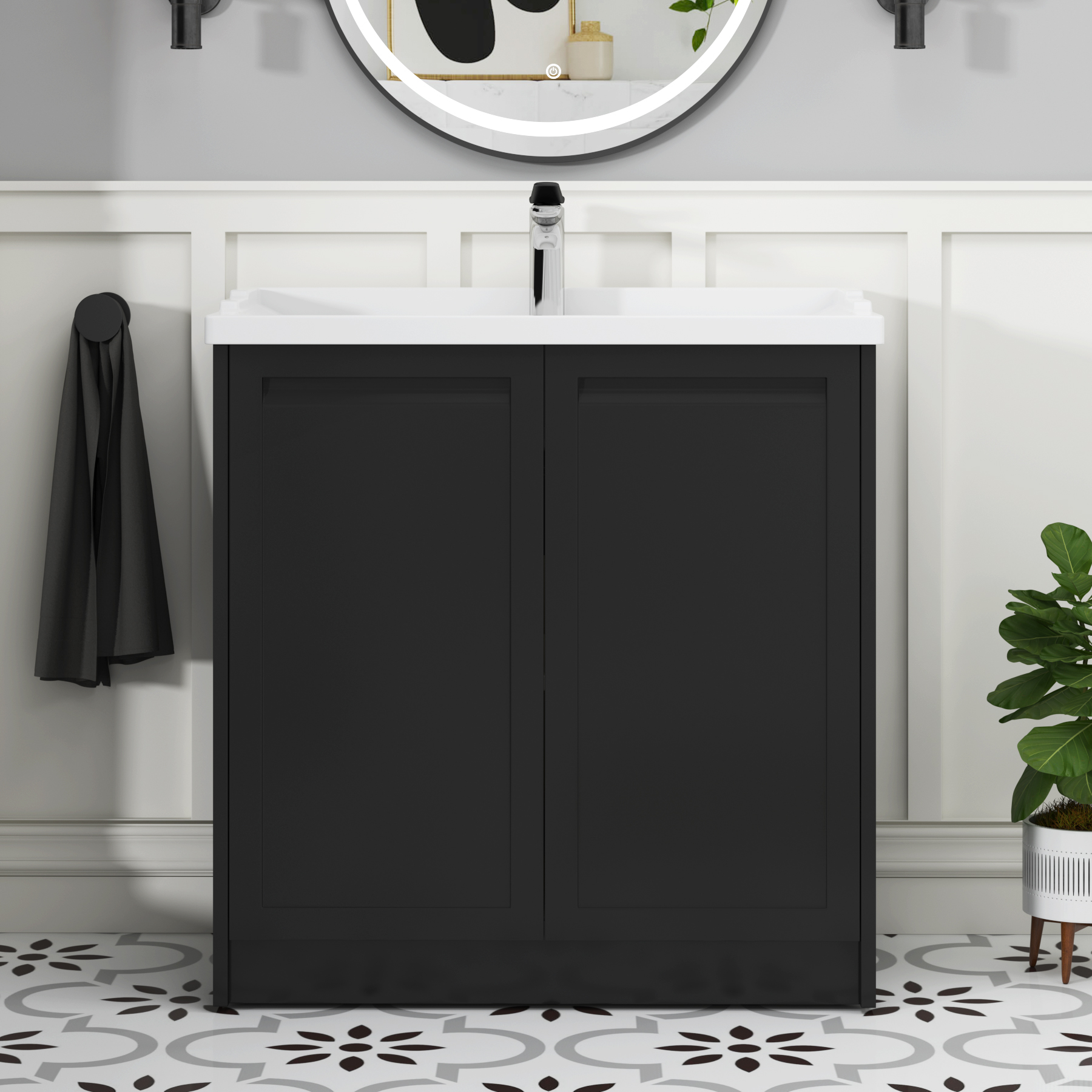 Elmore Traditional 2 Door Floor Standing Vanity Unit Matt Nocturne Black with Ceramic Basin
