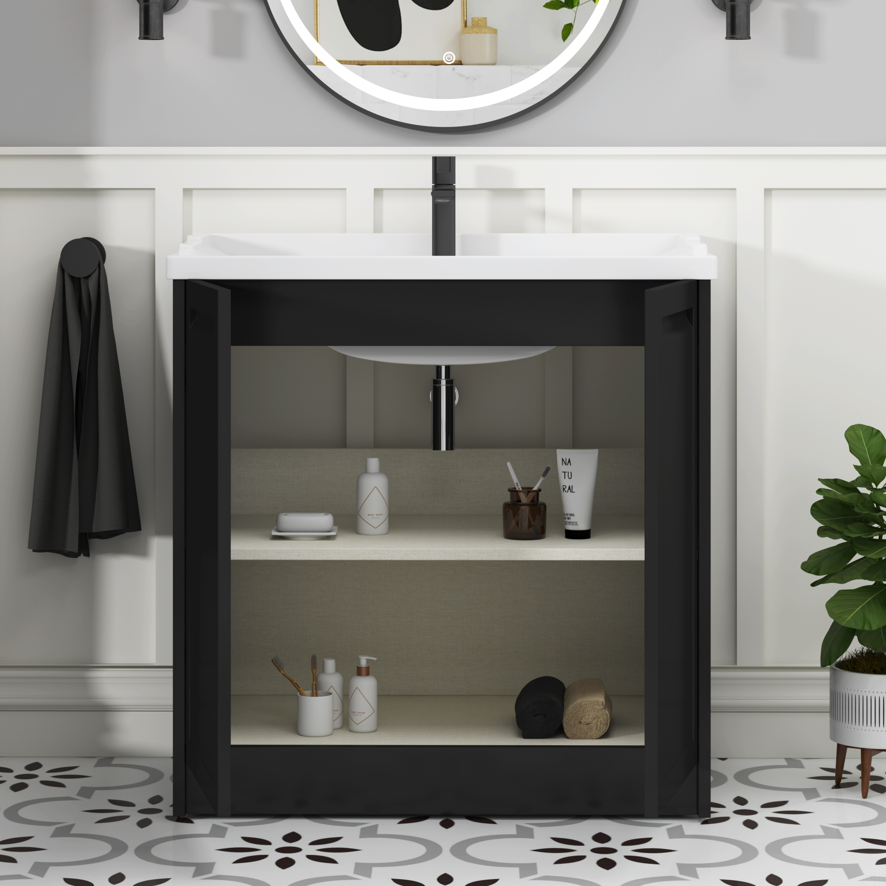 Elmore Traditional 2 Door Floor Standing Vanity Unit Matt Nocturne Black with Ceramic Basin