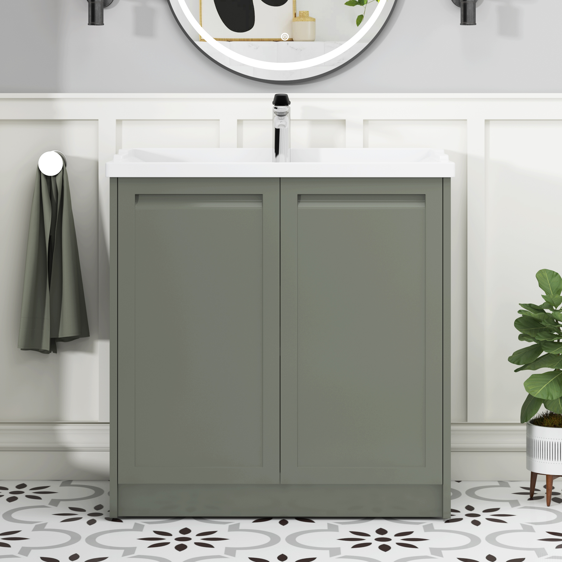 Elmore Traditional 2 Door Floor Standing Vanity Unit Matt Green with Ceramic Basin