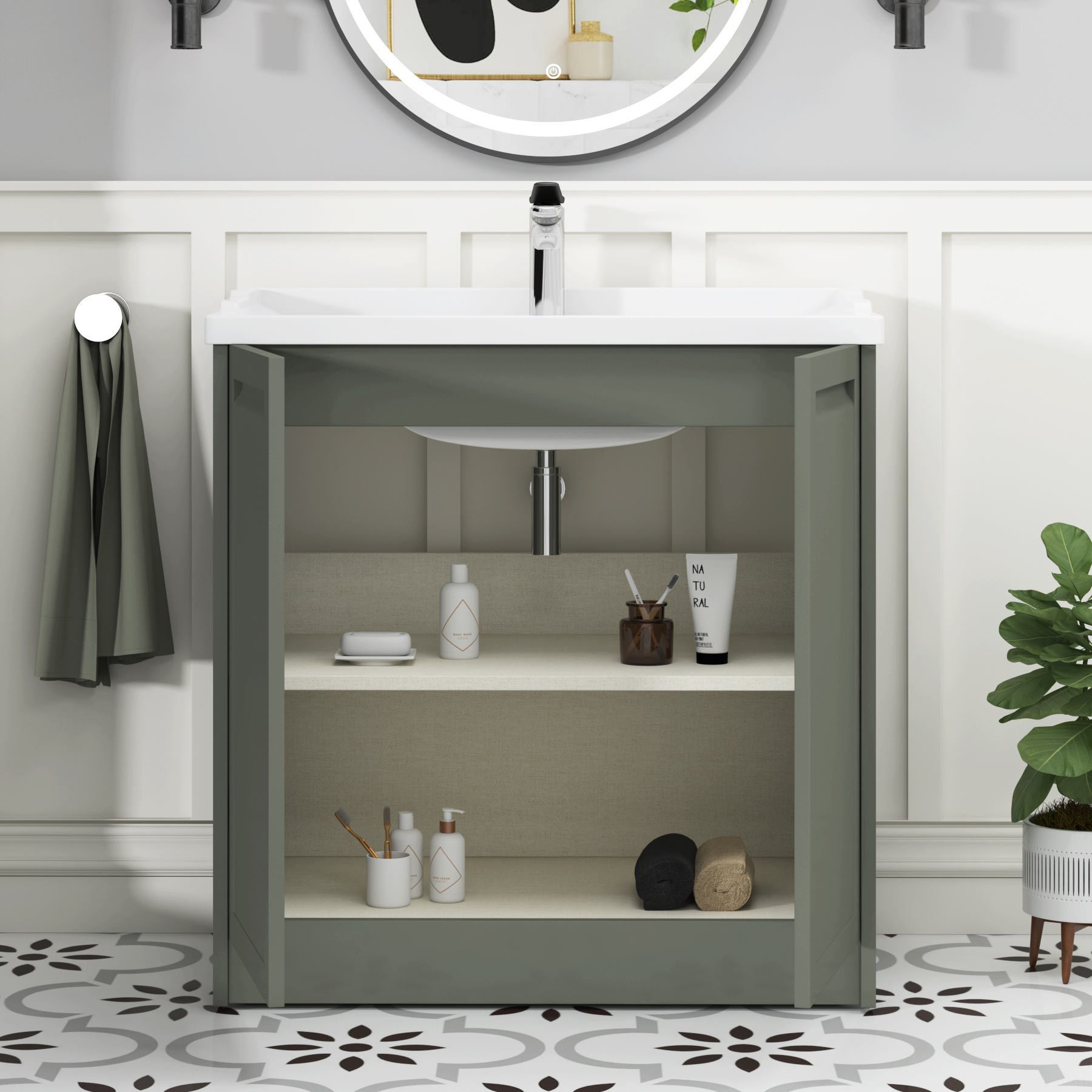 Elmore Traditional 2 Door Floor Standing Vanity Unit Matt Green with Ceramic Basin