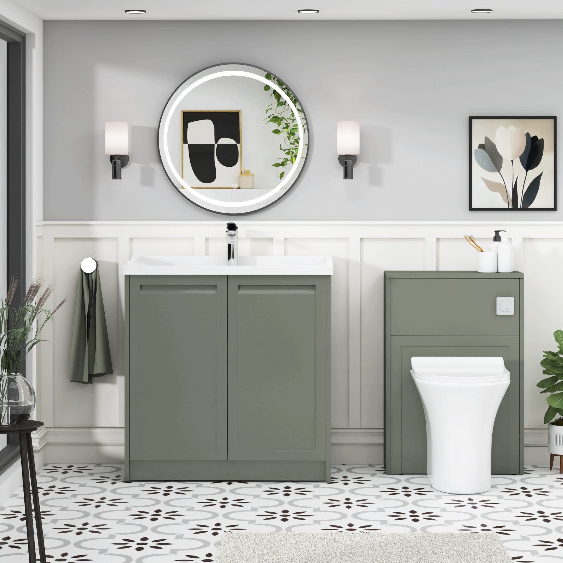 Elmore Traditional 2 Door Floor Standing Vanity Unit Matt Green with Ceramic Basin