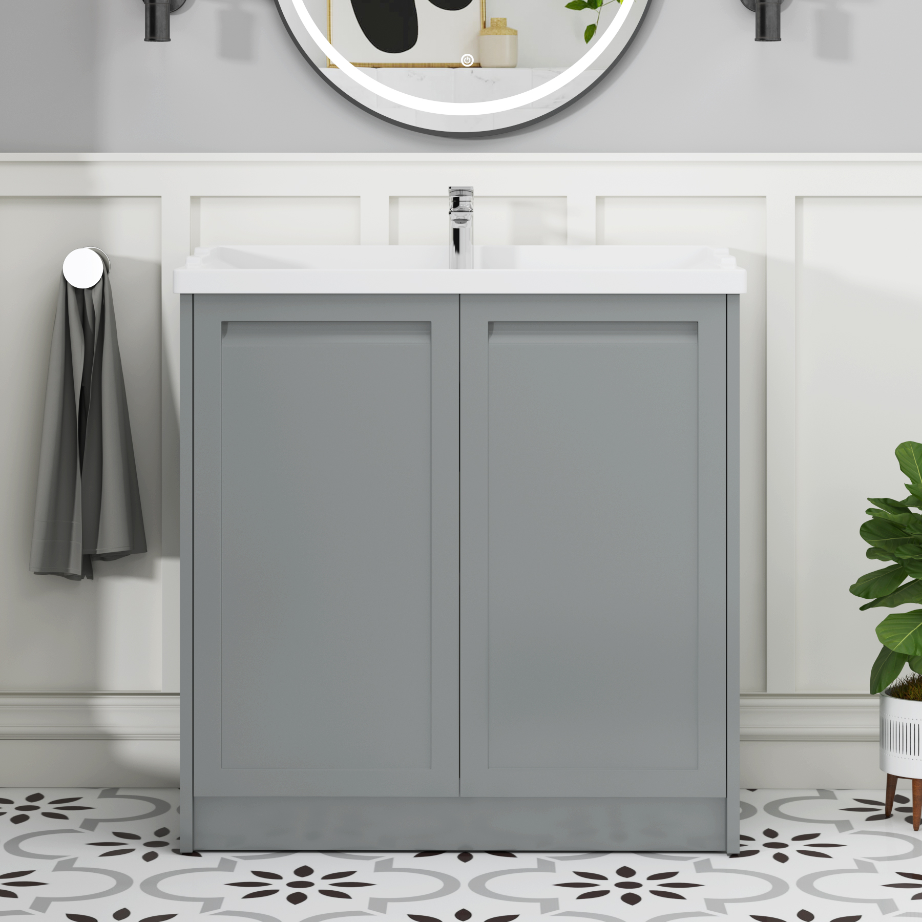 Elmore Traditional 2 Door Floor Standing Vanity Unit Matt Pebble Grey with Ceramic Basin