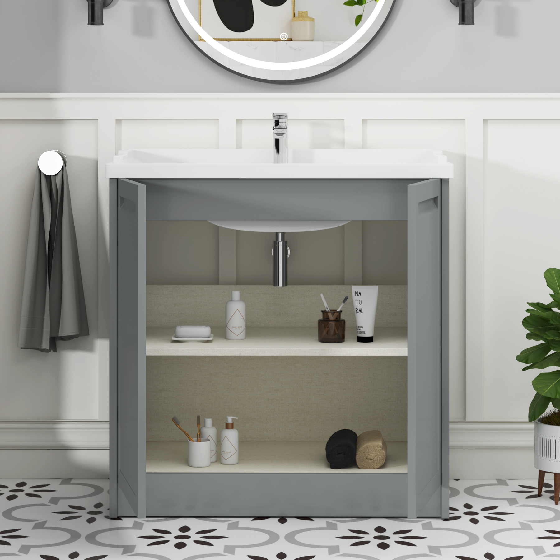 Elmore Traditional 2 Door Floor Standing Vanity Unit Matt Pebble Grey with Ceramic Basin