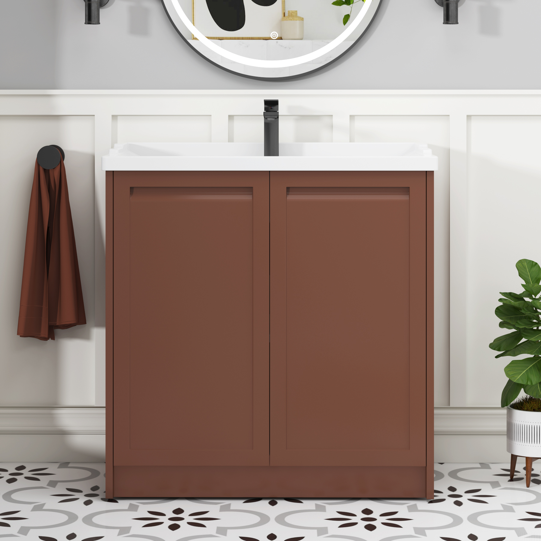 Elmore Traditional 2 Door Floor Standing Vanity Unit Terracotta Clay with Ceramic Basin