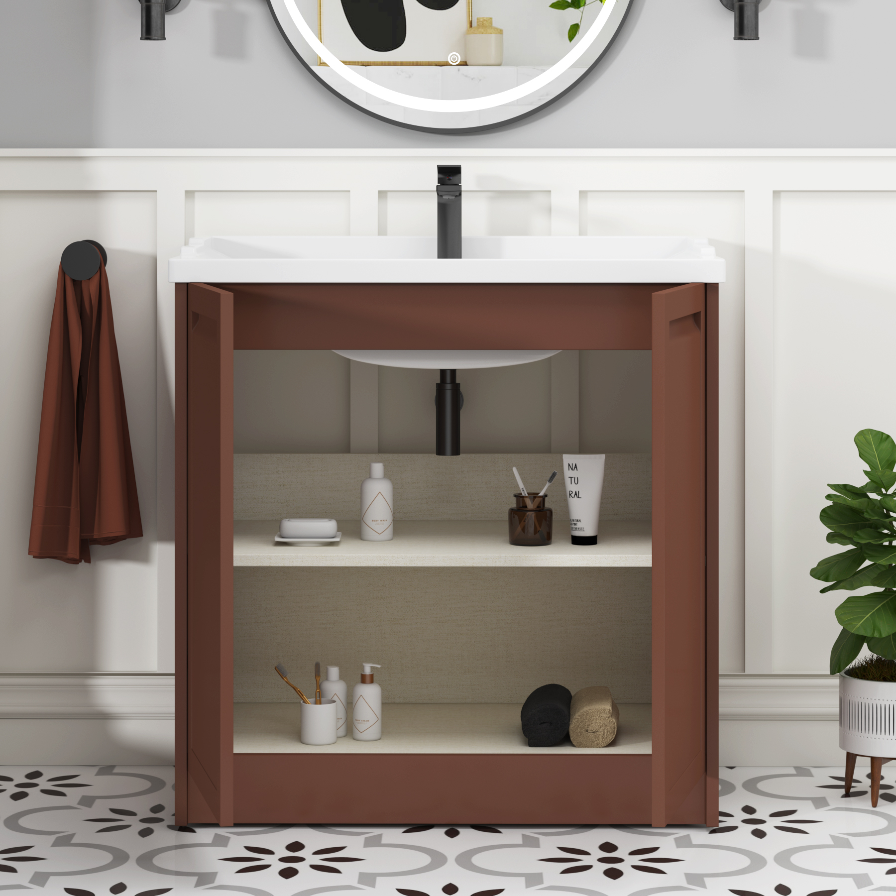 Elmore Traditional 2 Door Floor Standing Vanity Unit Terracotta Clay with Ceramic Basin