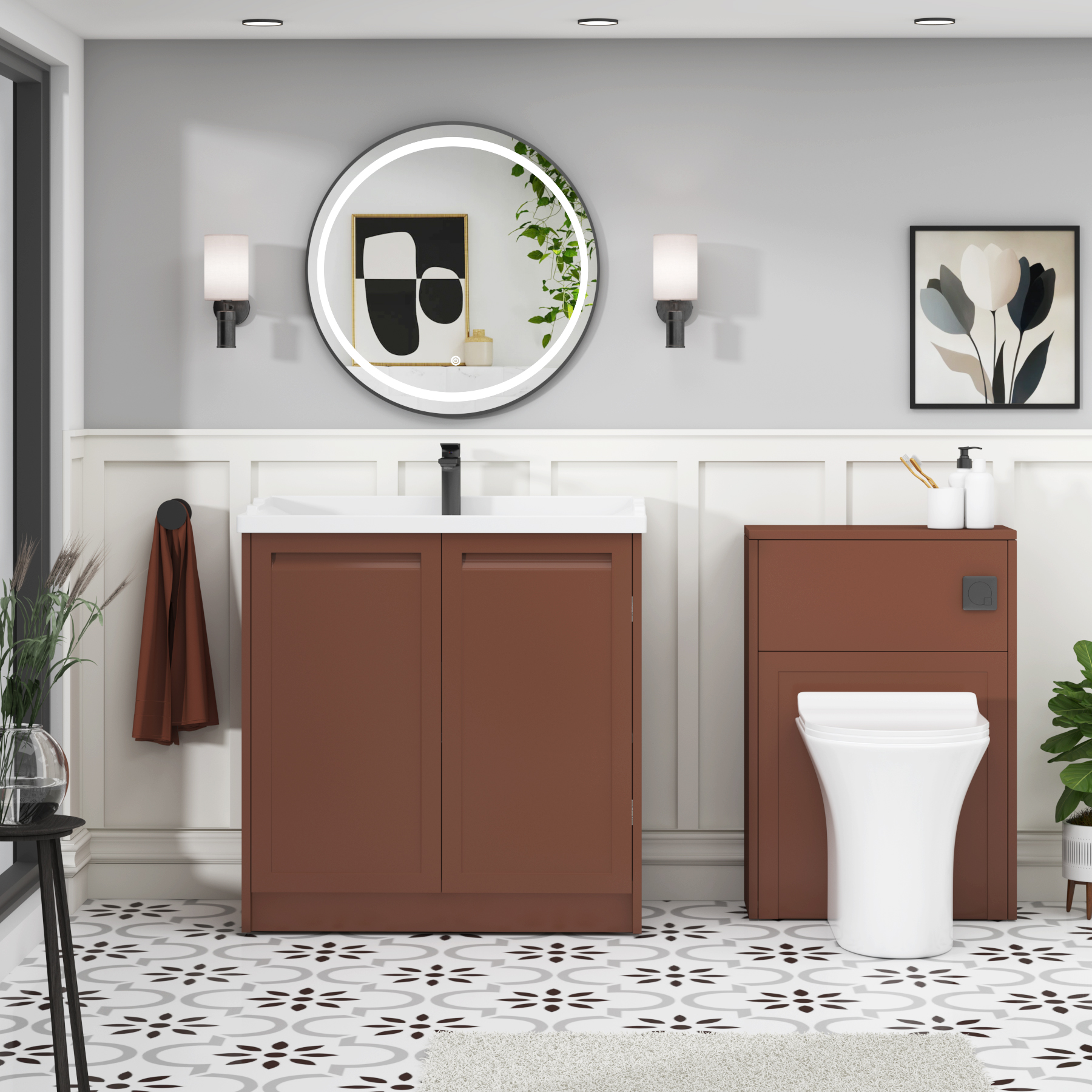 Elmore Traditional 2 Door Floor Standing Vanity Unit Terracotta Clay with Ceramic Basin
