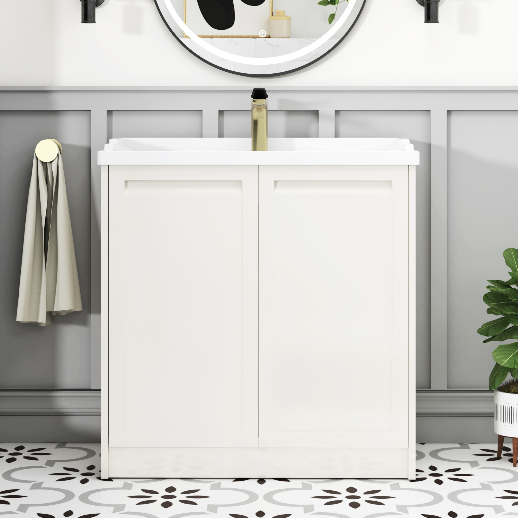 Elmore Traditional 2 Door Floor Standing Vanity Unit Classic White with Ceramic Basin