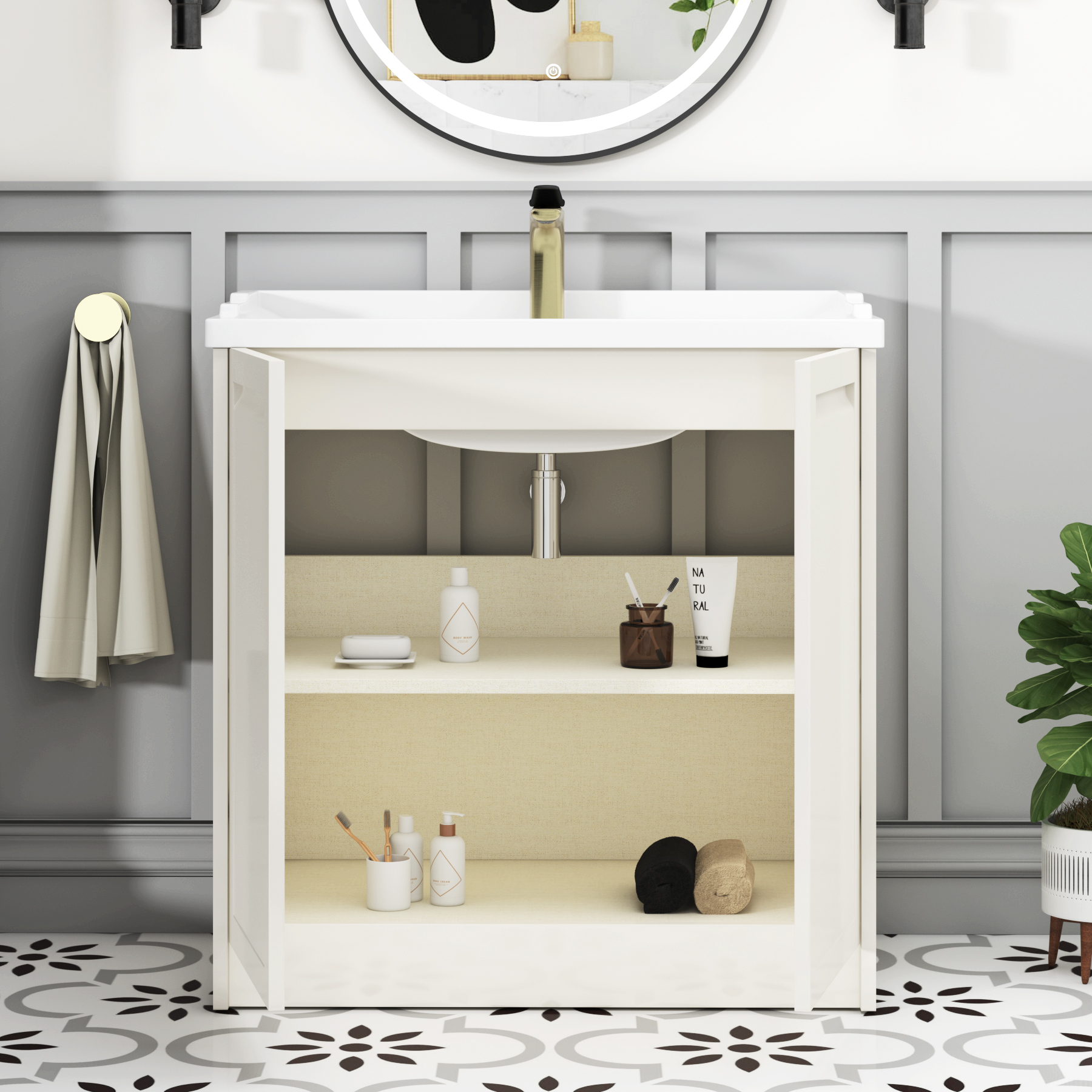 Elmore Traditional 2 Door Floor Standing Vanity Unit Classic White with Ceramic Basin