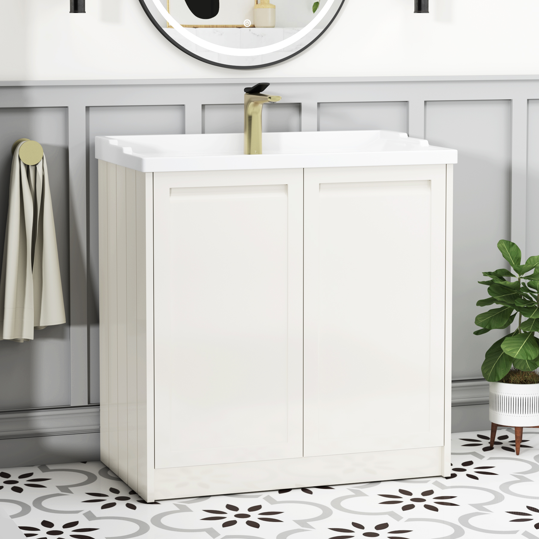 Elmore 800mm Traditional Floor Standing 2 Door Vanity Unit Classic White with Ceramic Basin