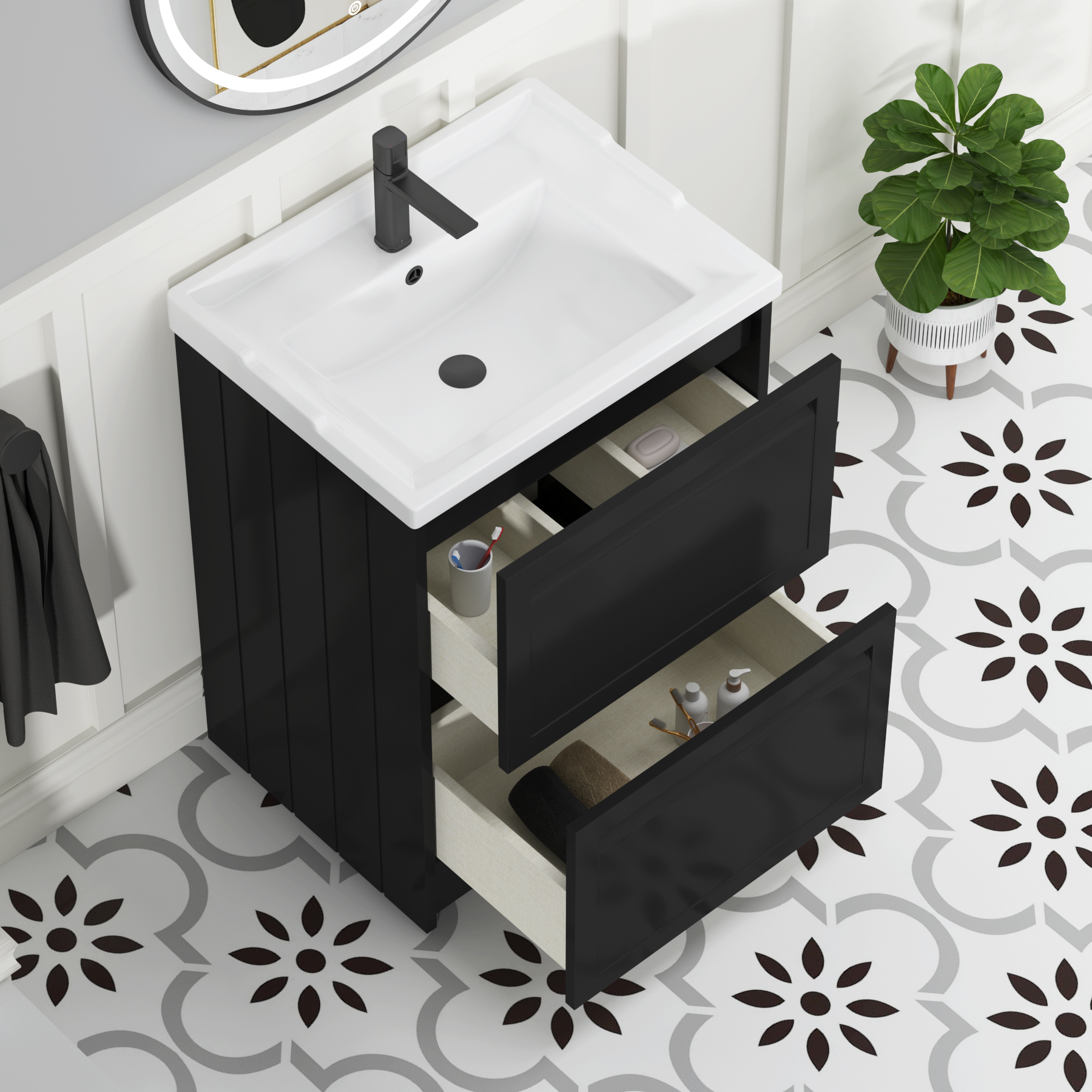 Elmore Traditional 2 Drawer Floor Standing Vanity Unit Matt Nocturne Black with Ceramic Basin