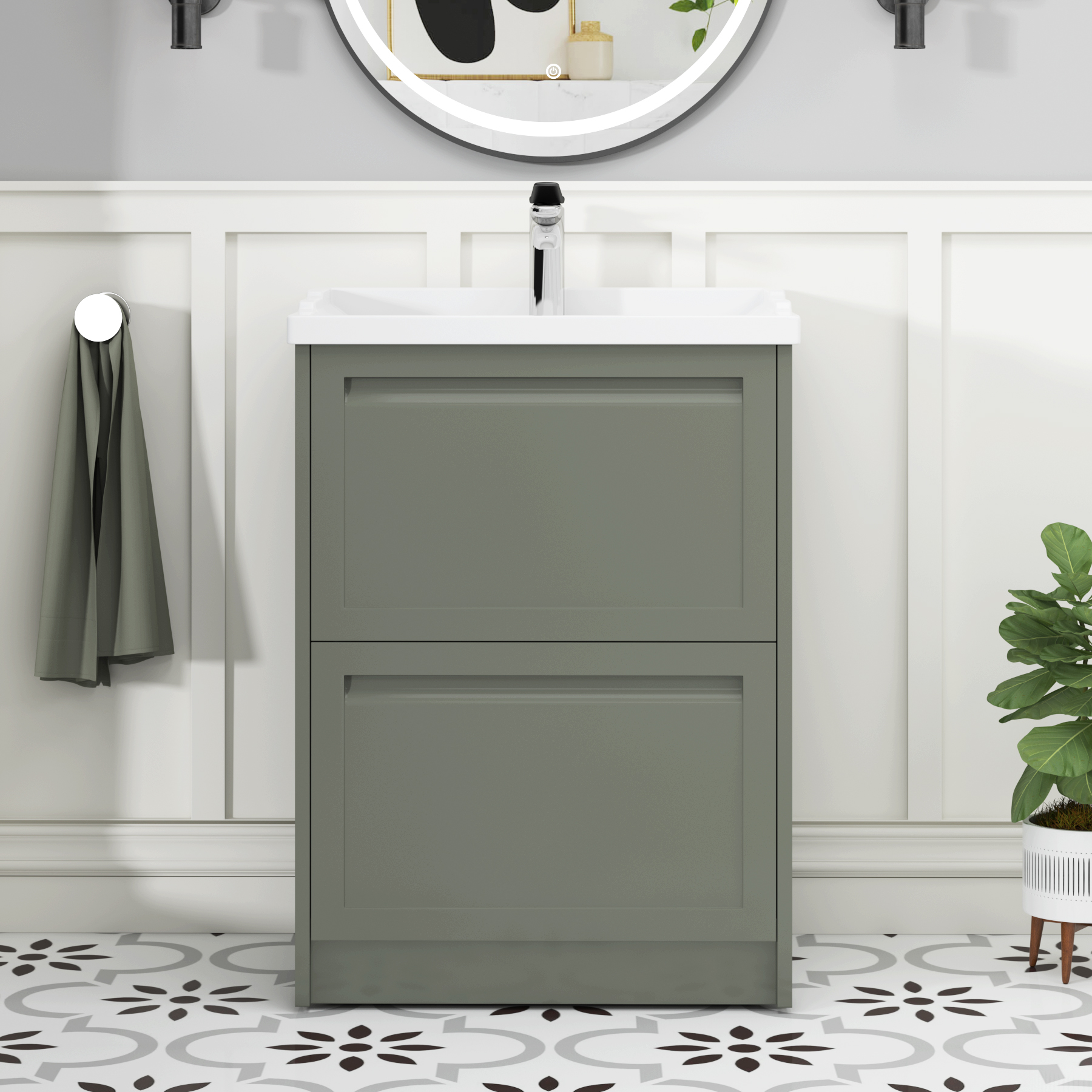 Elmore Traditional 2 Drawer Floor Standing Vanity Unit Matt Green with Ceramic Basin