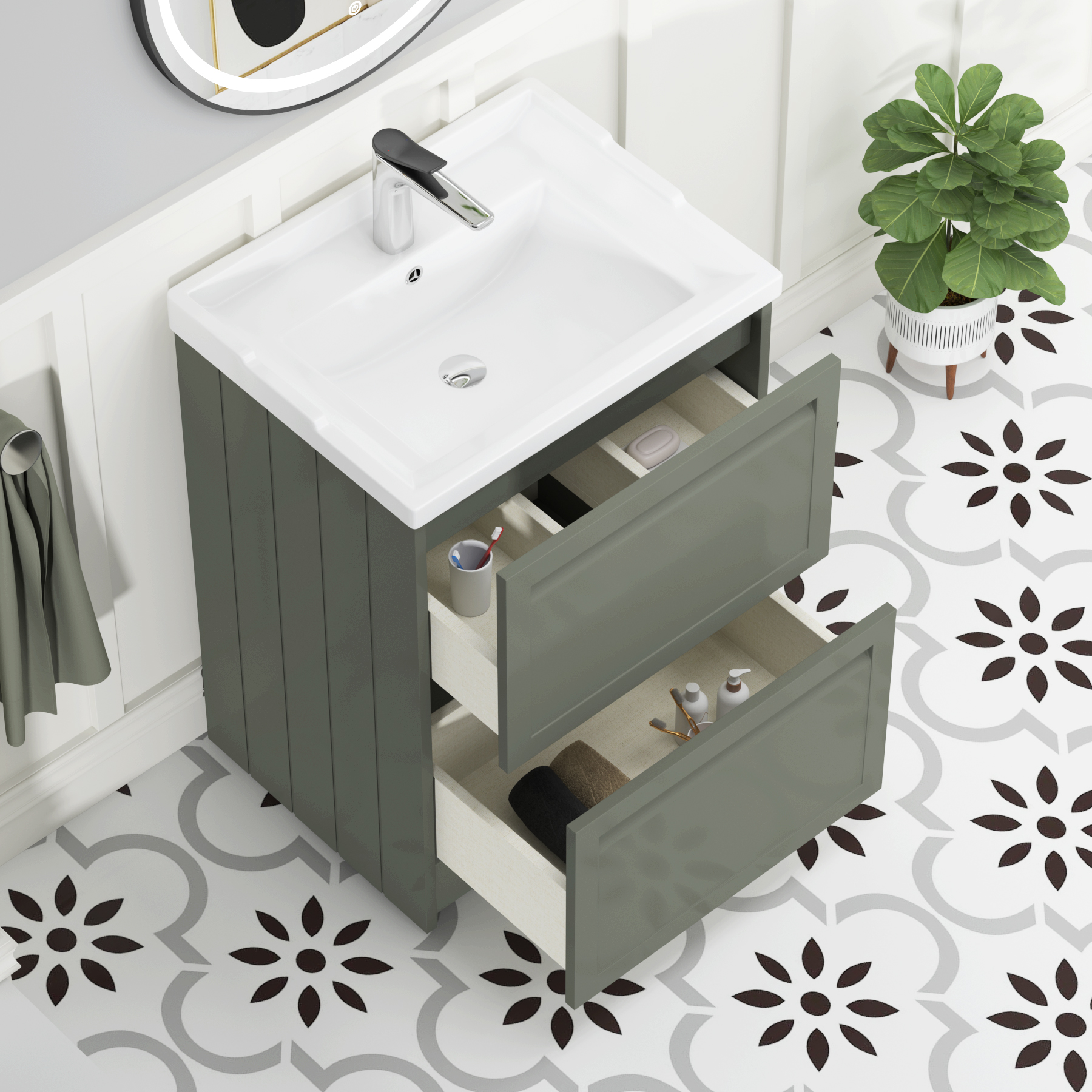 Elmore Traditional 2 Drawer Floor Standing Vanity Unit Matt Green with Ceramic Basin