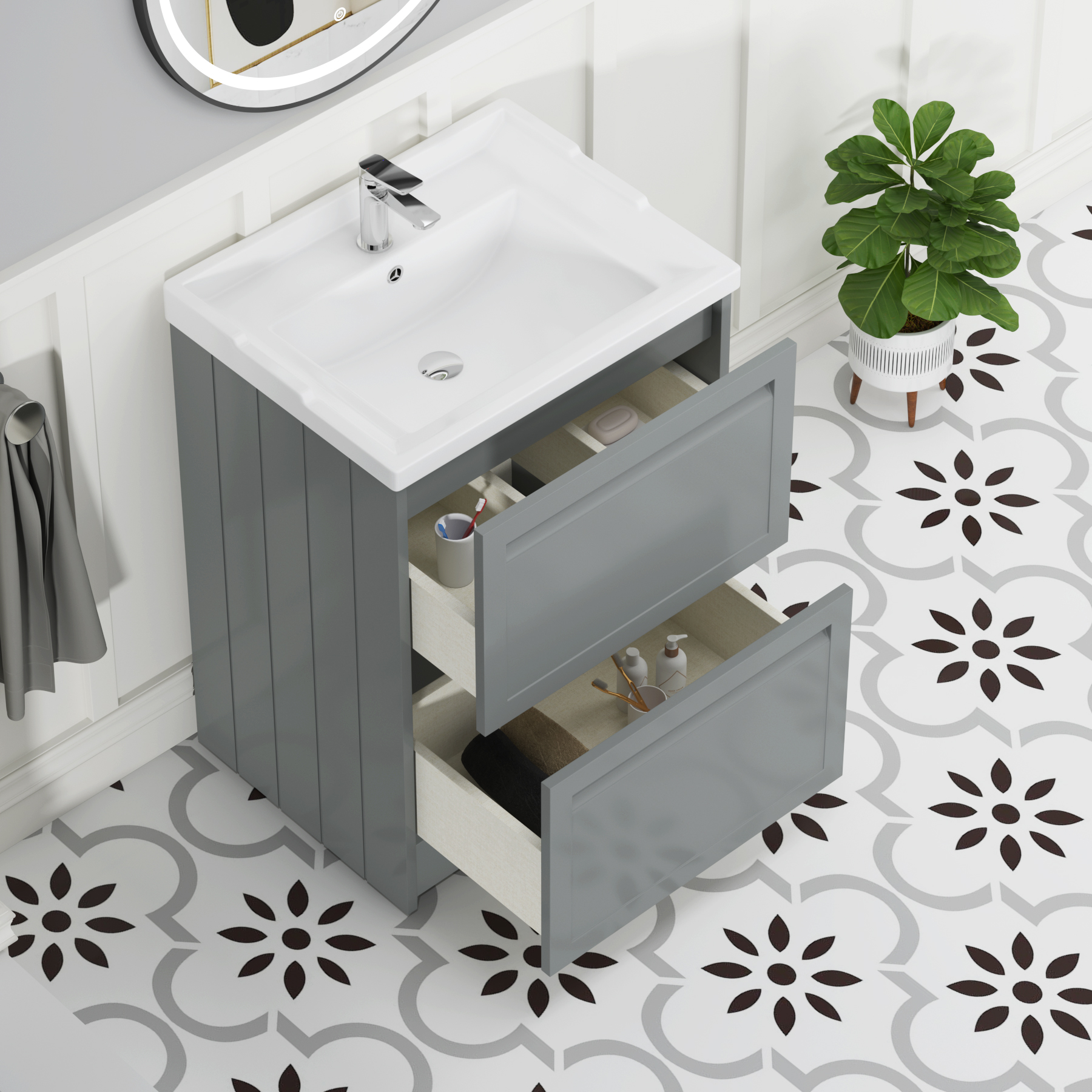 Elmore Traditional 2 Drawer Floor Standing Vanity Unit Matt Pebble Grey with Ceramic Basin