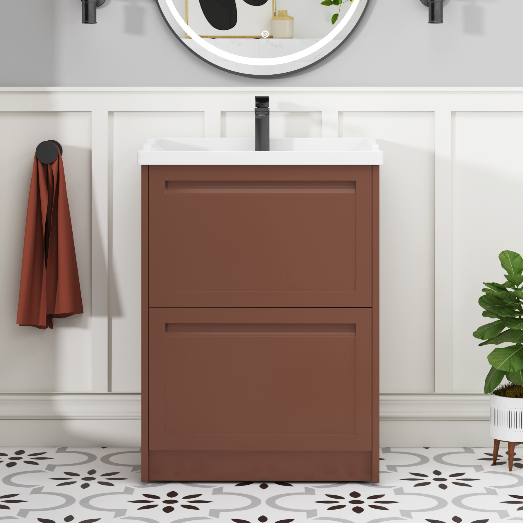Elmore Traditional 2 Drawer Floor Standing Vanity Unit Terracotta Clay with Ceramic Basin
