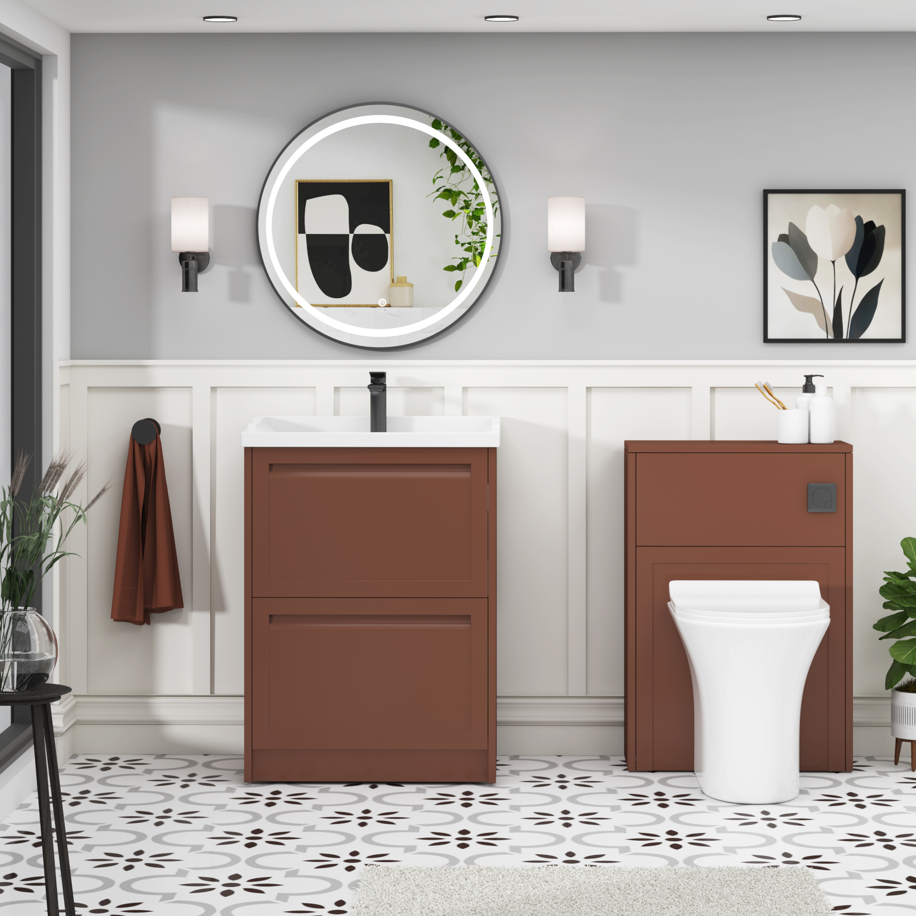 Elmore Traditional 2 Drawer Floor Standing Vanity Unit Terracotta Clay with Ceramic Basin