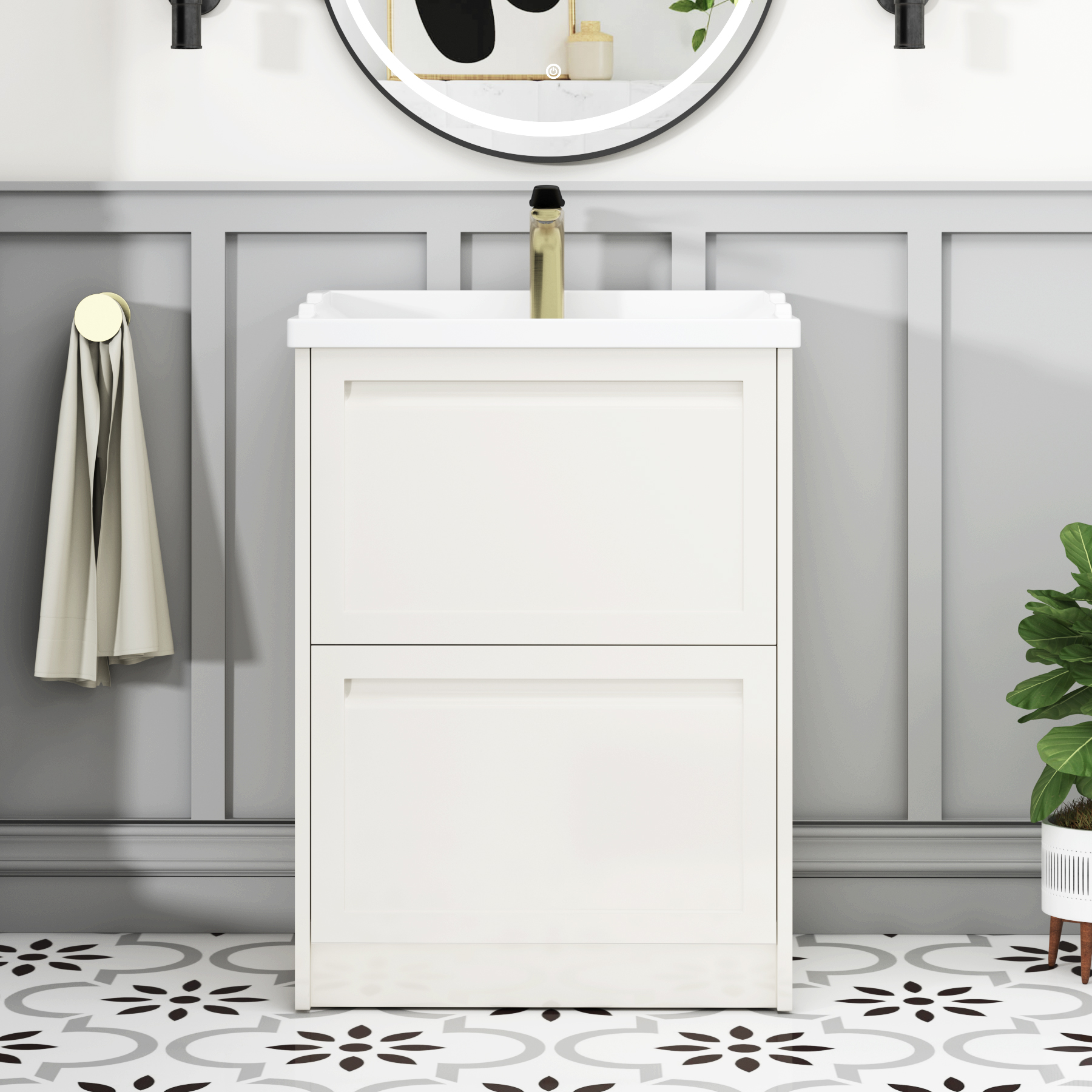 Elmore Traditional 2 Drawer Floor Standing Vanity Unit Classic White with Ceramic Basin
