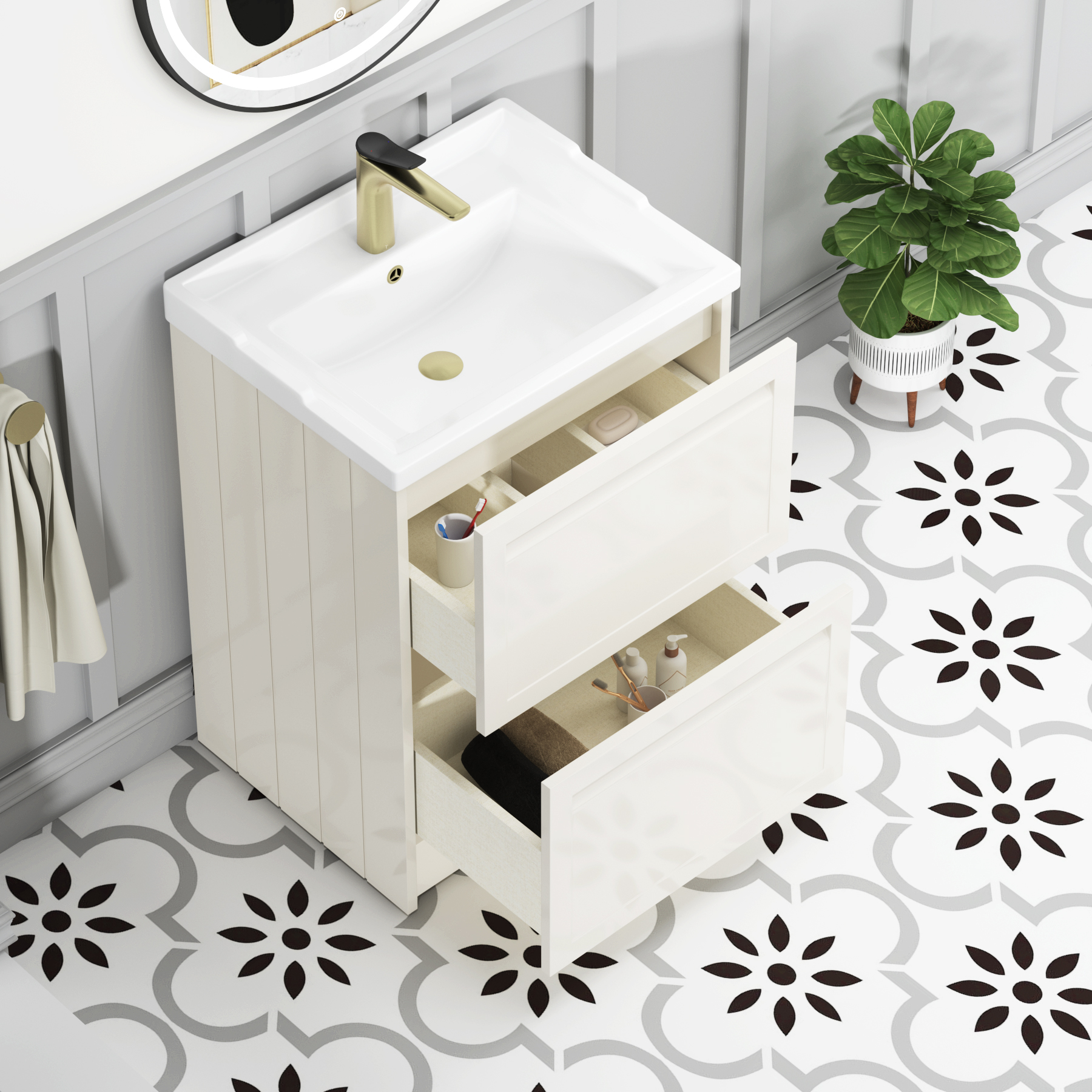 Elmore Traditional 2 Drawer Floor Standing Vanity Unit Classic White with Ceramic Basin