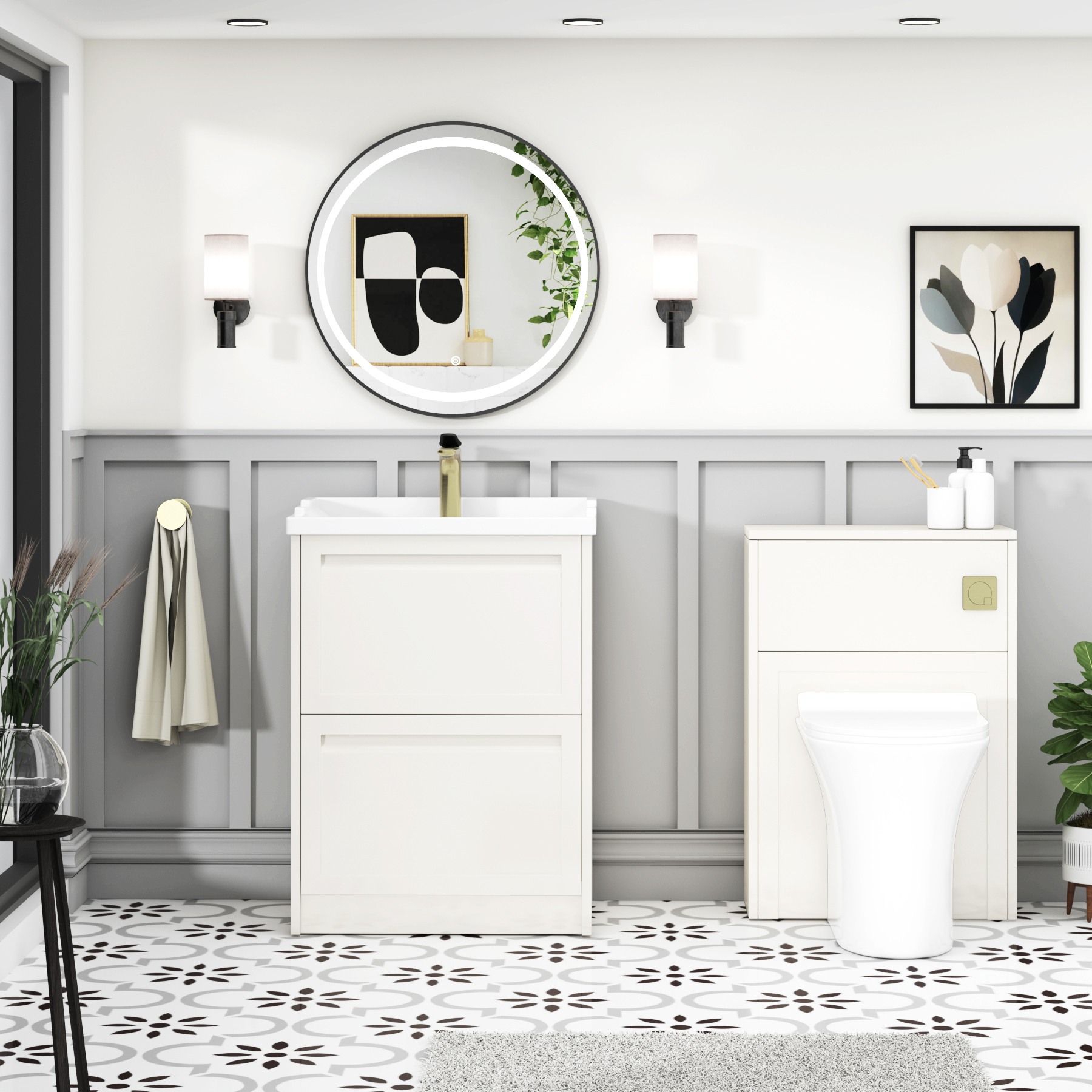 Elmore Traditional 2 Drawer Floor Standing Vanity Unit Classic White with Ceramic Basin