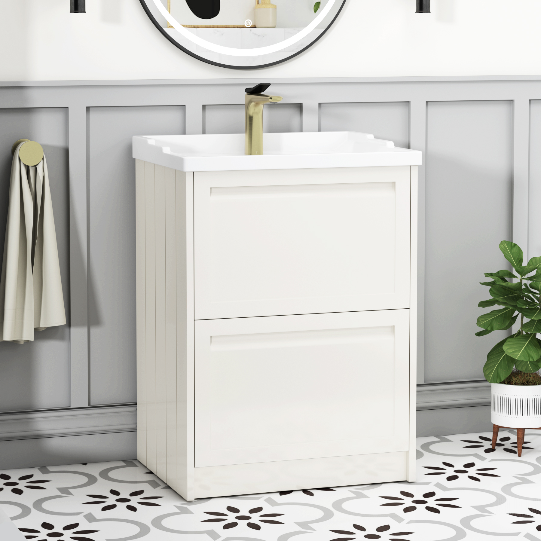 Elmore 600mm Traditional Floor Standing 2 Drawer Vanity Unit Classic White with Ceramic Basin