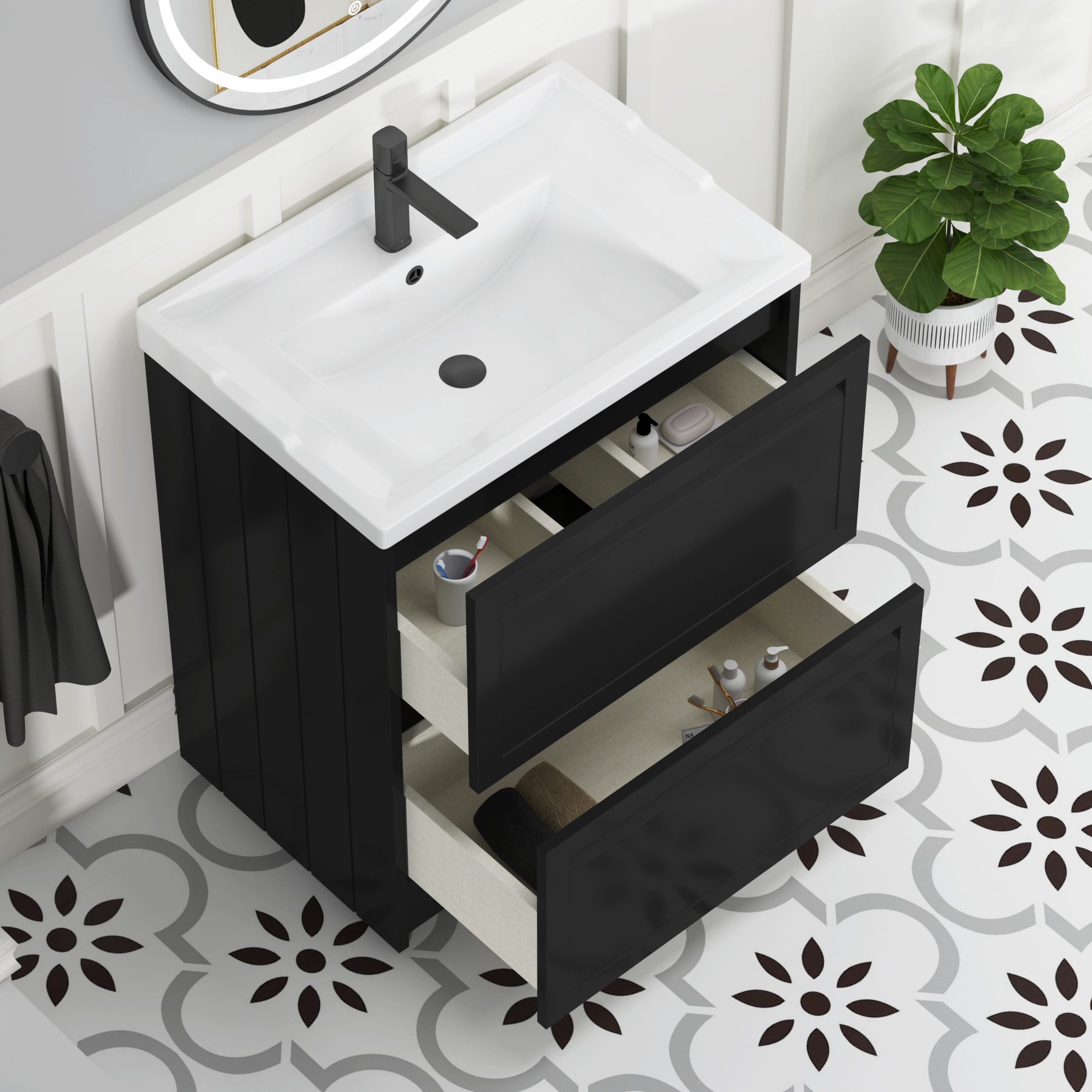 Elmore Traditional 2 Drawer Floor Standing Vanity Unit Matt Nocturne Black with Ceramic Basin