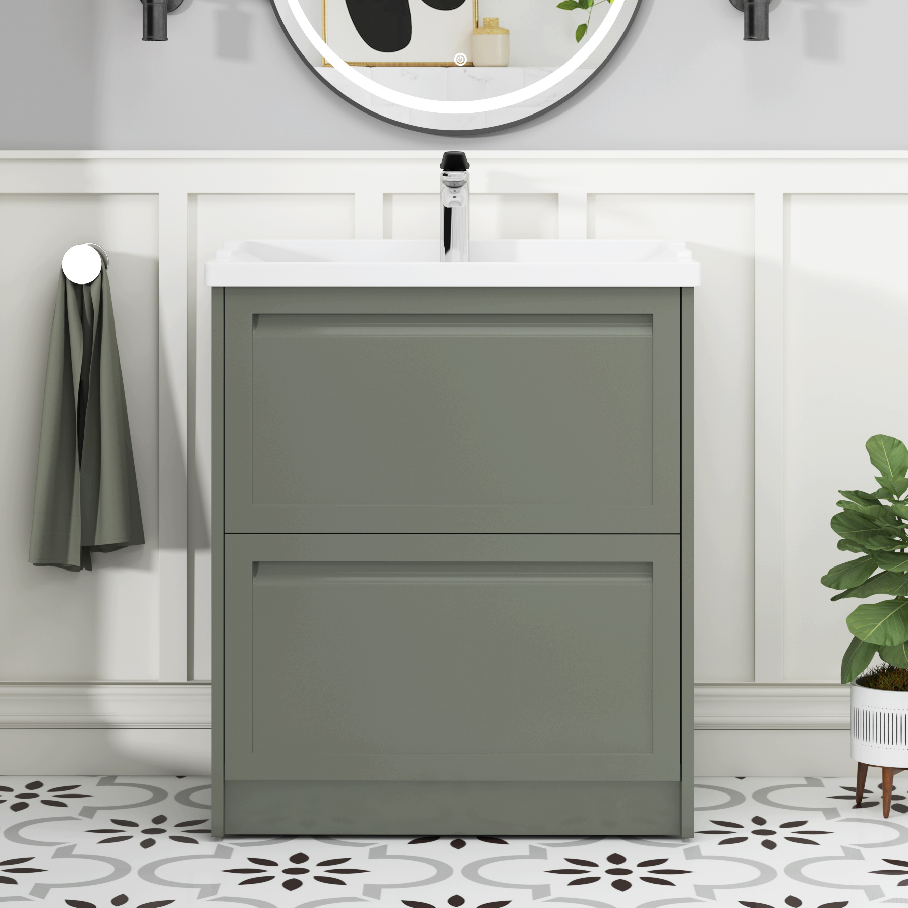 Elmore Traditional 2 Drawer Floor Standing Vanity Unit Matt Green with Ceramic Basin