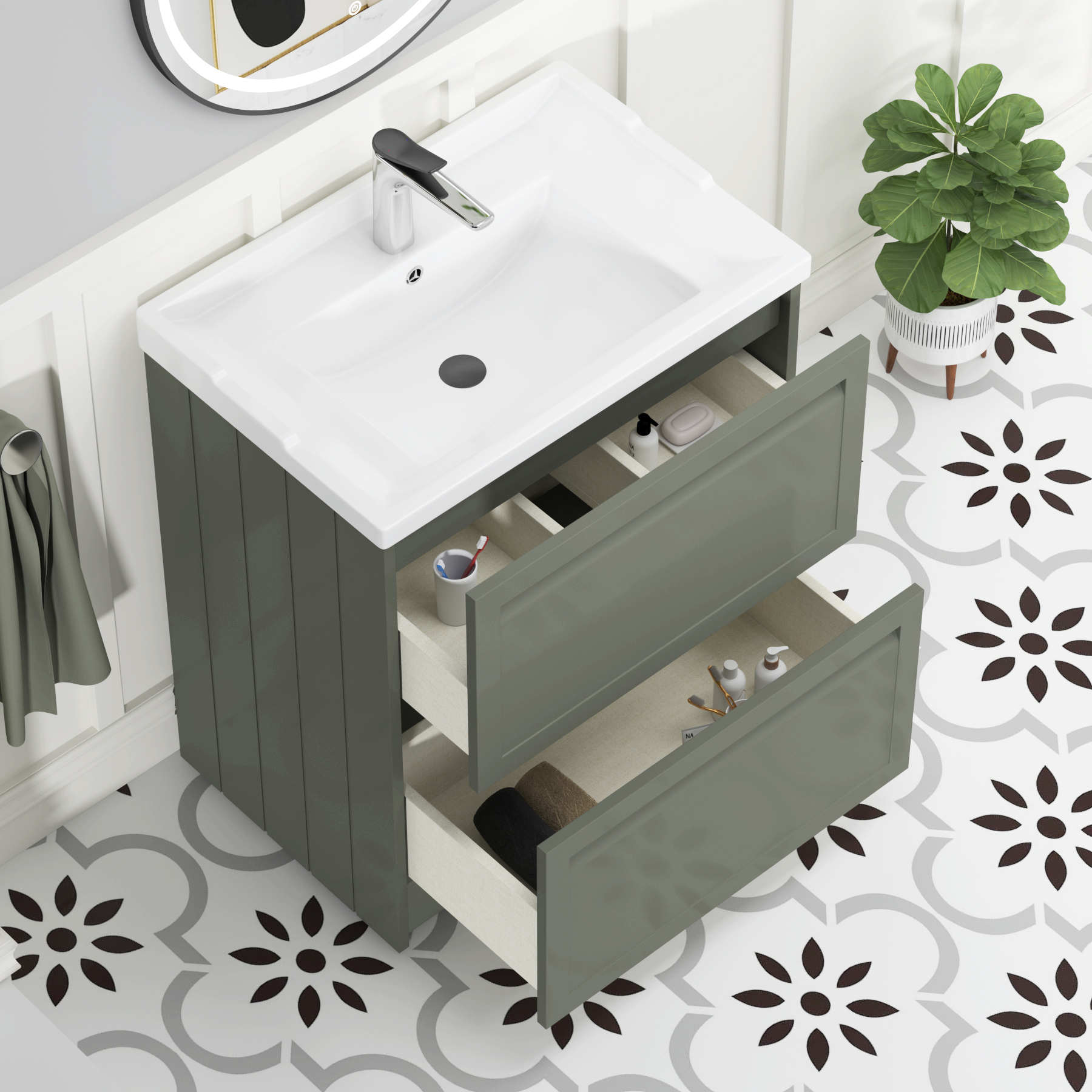 Elmore Traditional 2 Drawer Floor Standing Vanity Unit Matt Green with Ceramic Basin
