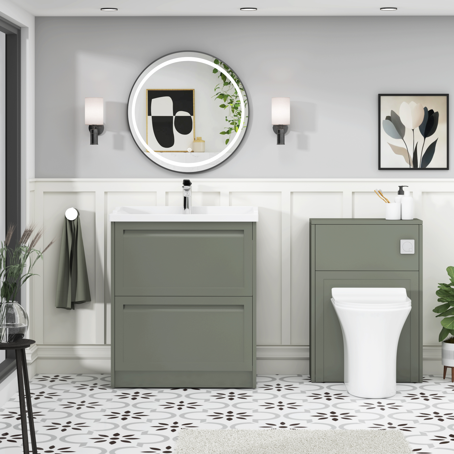 Elmore Traditional 2 Drawer Floor Standing Vanity Unit Matt Green with Ceramic Basin