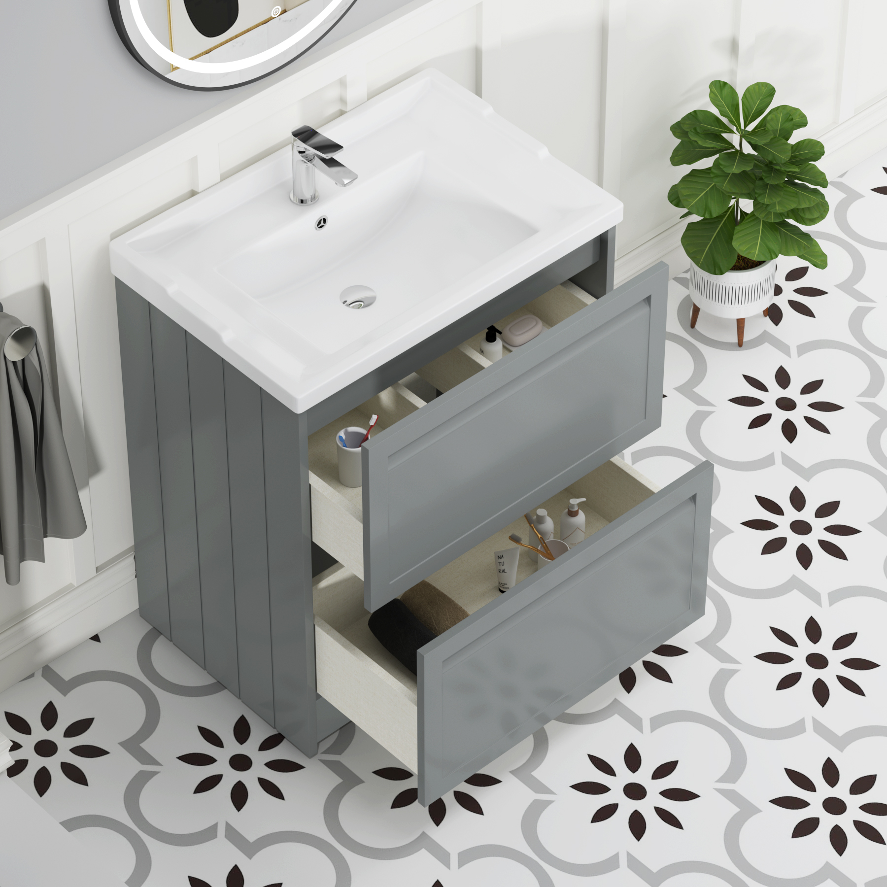 Elmore Traditional 2 Drawer Floor Standing Vanity Unit Matt Pebble Grey with Ceramic Basin