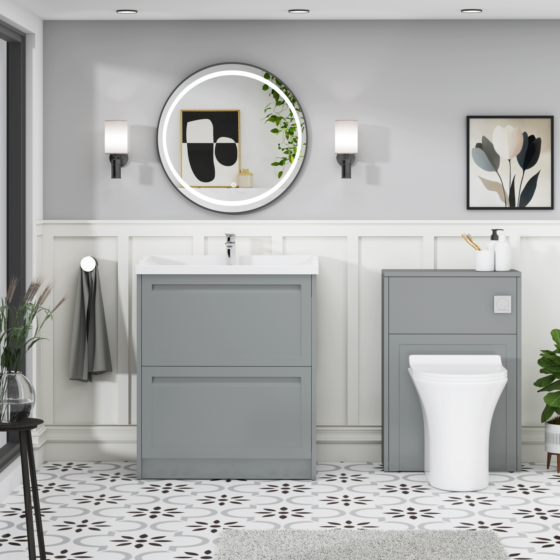 Elmore Traditional 2 Drawer Floor Standing Vanity Unit Matt Pebble Grey with Ceramic Basin