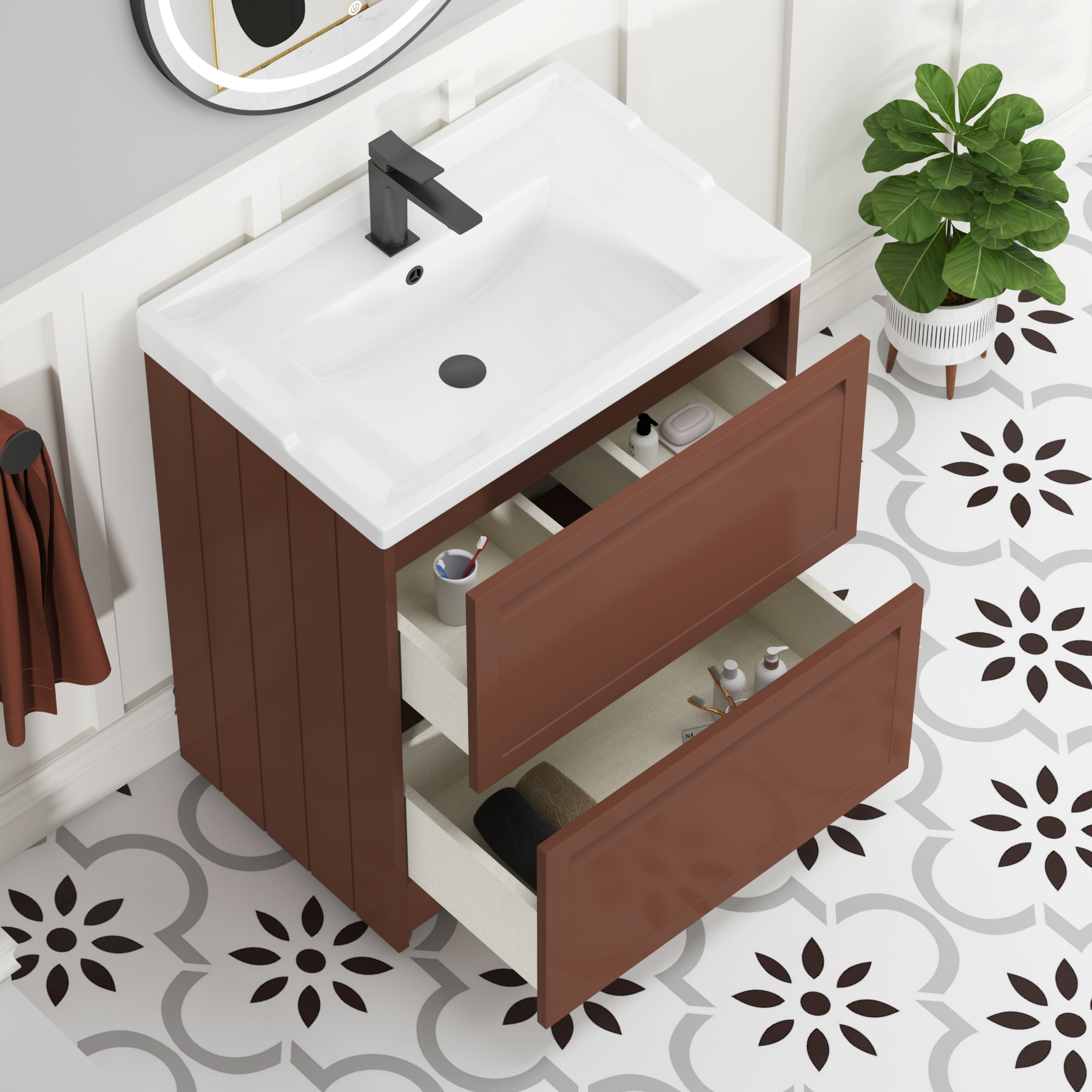Elmore Traditional 2 Drawer Floor Standing Vanity Unit Terracotta Clay with Ceramic Basin
