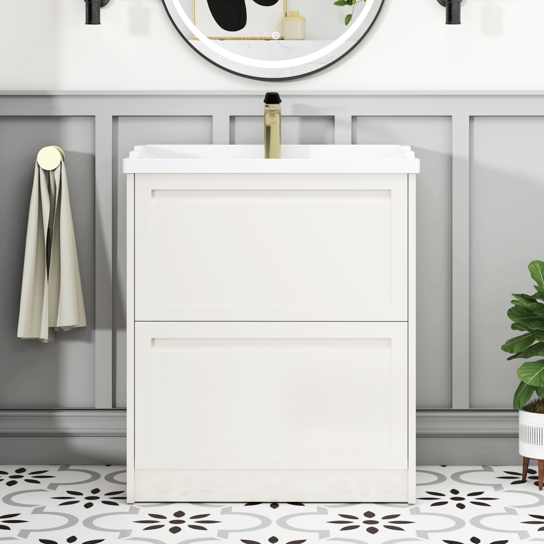 Elmore Traditional 2 Drawer Floor Standing Vanity Unit Classic White with Ceramic Basin