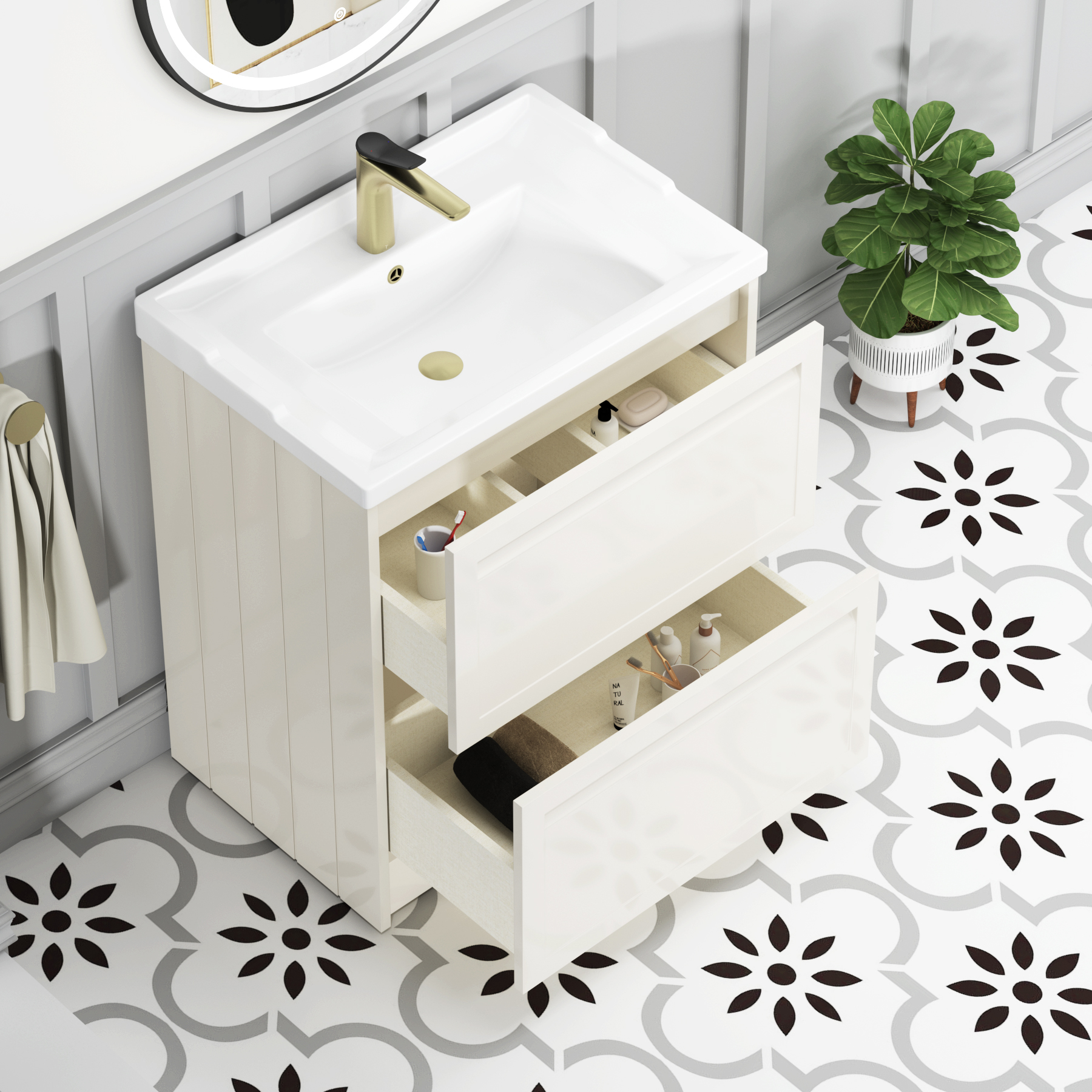 Elmore Traditional 2 Drawer Floor Standing Vanity Unit Classic White with Ceramic Basin