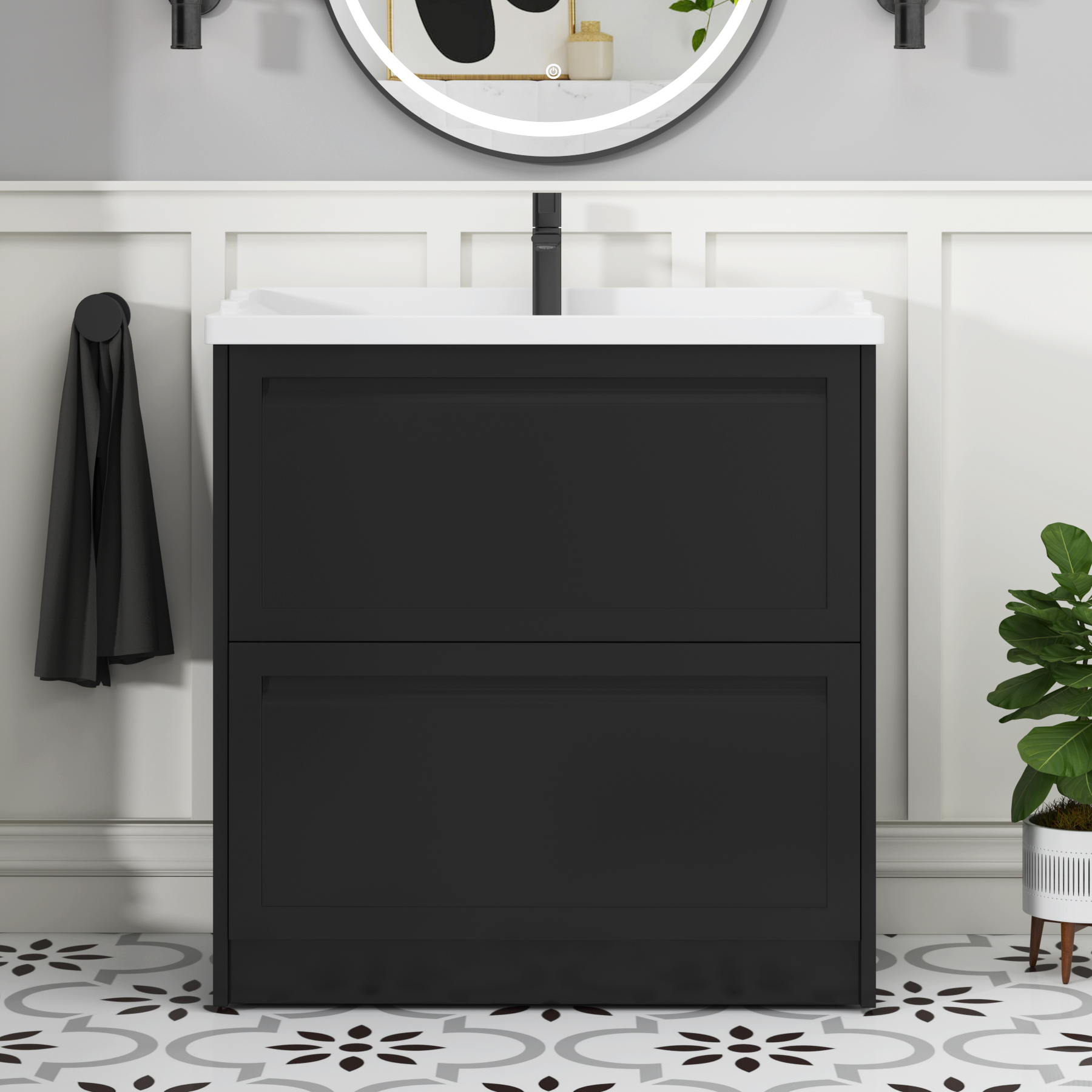 Elmore Traditional 2 Drawer Floor Standing Vanity Unit Matt Nocturne Black with Ceramic Basin