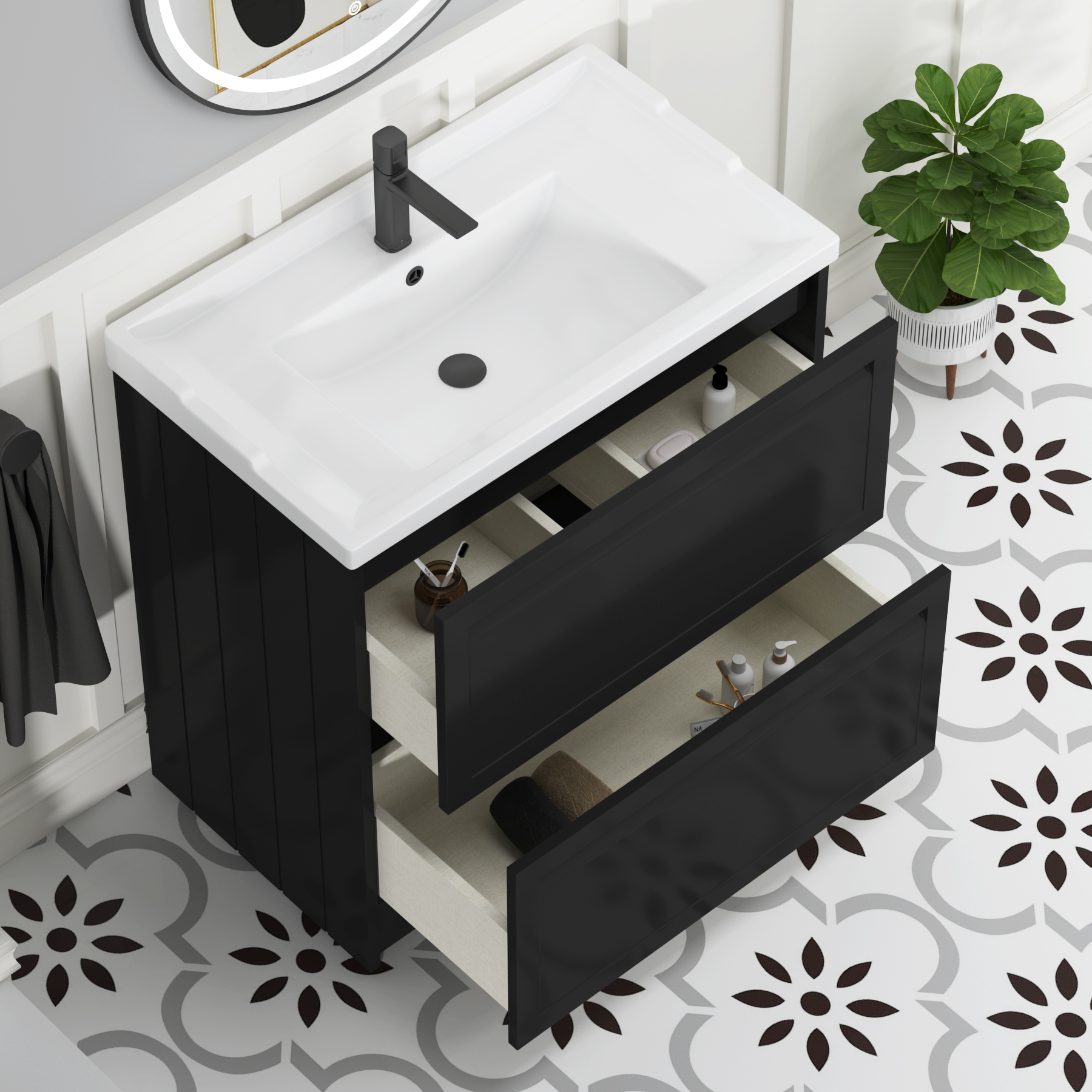 Elmore Traditional 2 Drawer Floor Standing Vanity Unit Matt Nocturne Black with Ceramic Basin