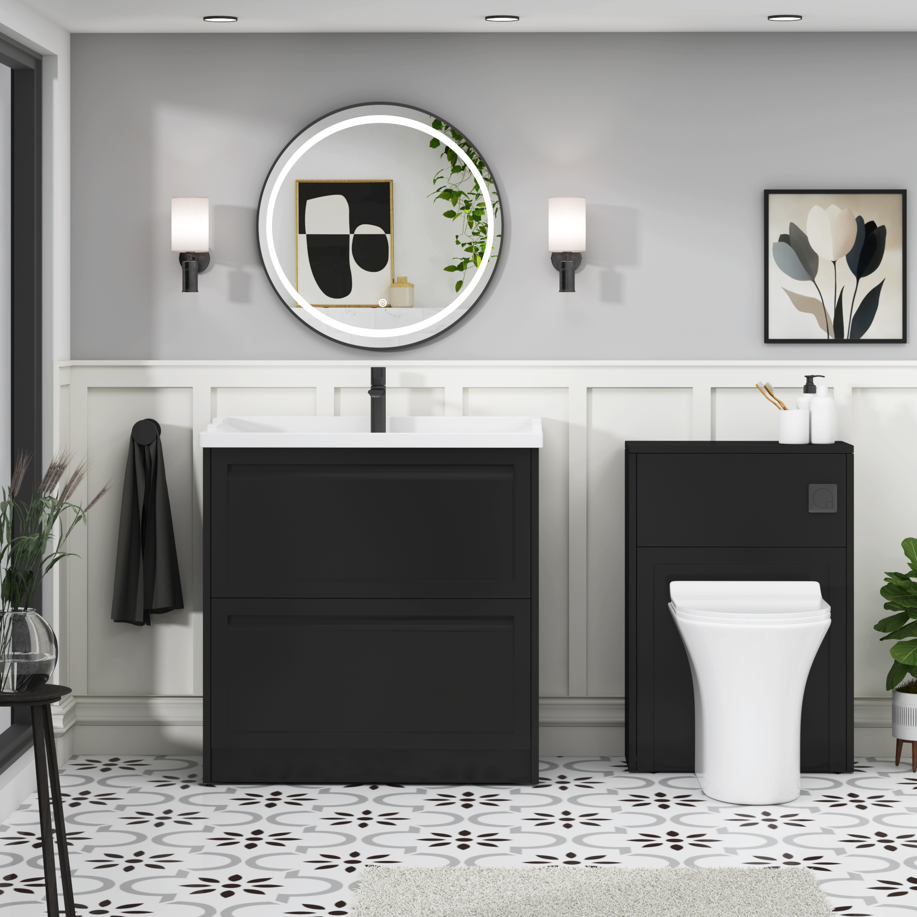 Elmore Traditional 2 Drawer Floor Standing Vanity Unit Matt Nocturne Black with Ceramic Basin