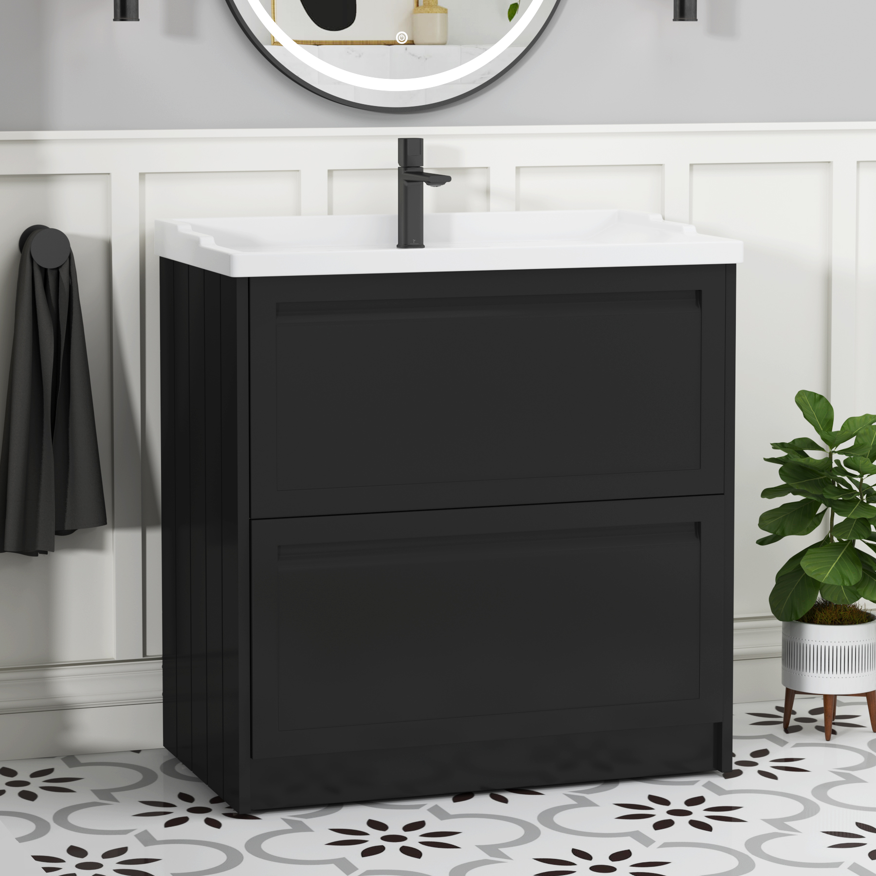 Elmore 800mm Traditional Floor Standing 2 Drawer Vanity Unit Matt Nocturne Black with Ceramic Basin